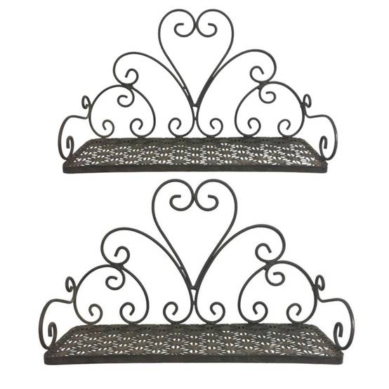Set de 2 étagères en fer forgé marron GM: L.51 x l.18.5 x ht.30,5 cm / PM: L.41 x l.14 x ht.25 cm Chemin de campagne - Imagen 1
