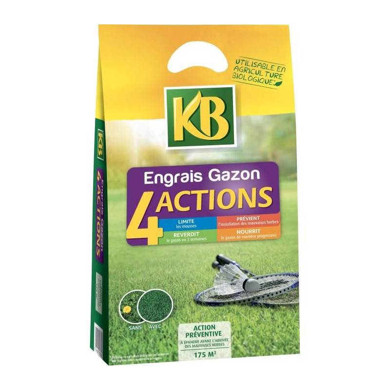 Engrais A Gazon Kb K4mp - 4 Actions - 7 Kg - Limite Les Mousses - Prévient Les Mauvaises Herbes - Surface 280m² - Imagen 1