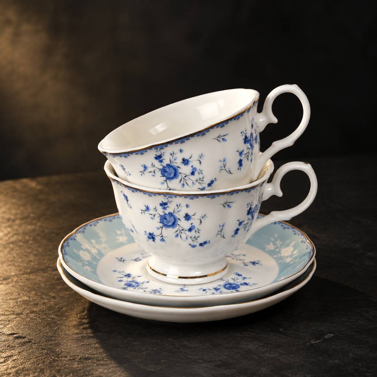 Service à Café et Thé en Porcelaine 6 Tasses et Soucoupes Décor Fleurs Bleues Élégant - Image 2