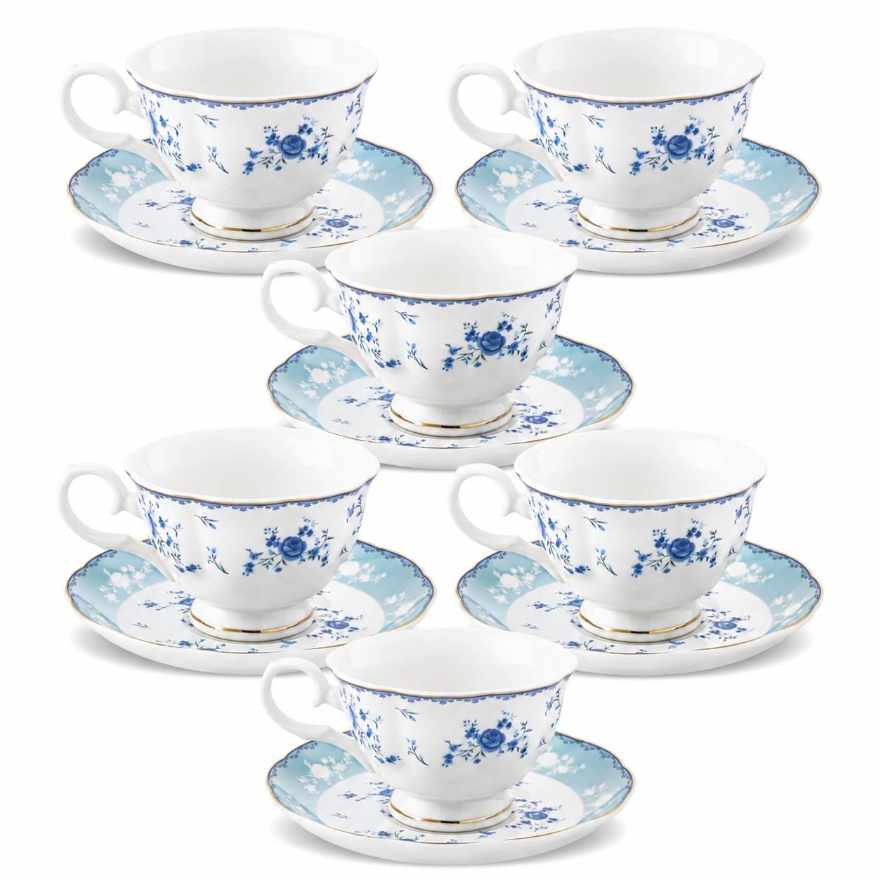 Service à Café et Thé en Porcelaine 6 Tasses et Soucoupes Décor Fleurs Bleues Élégant - Image 1