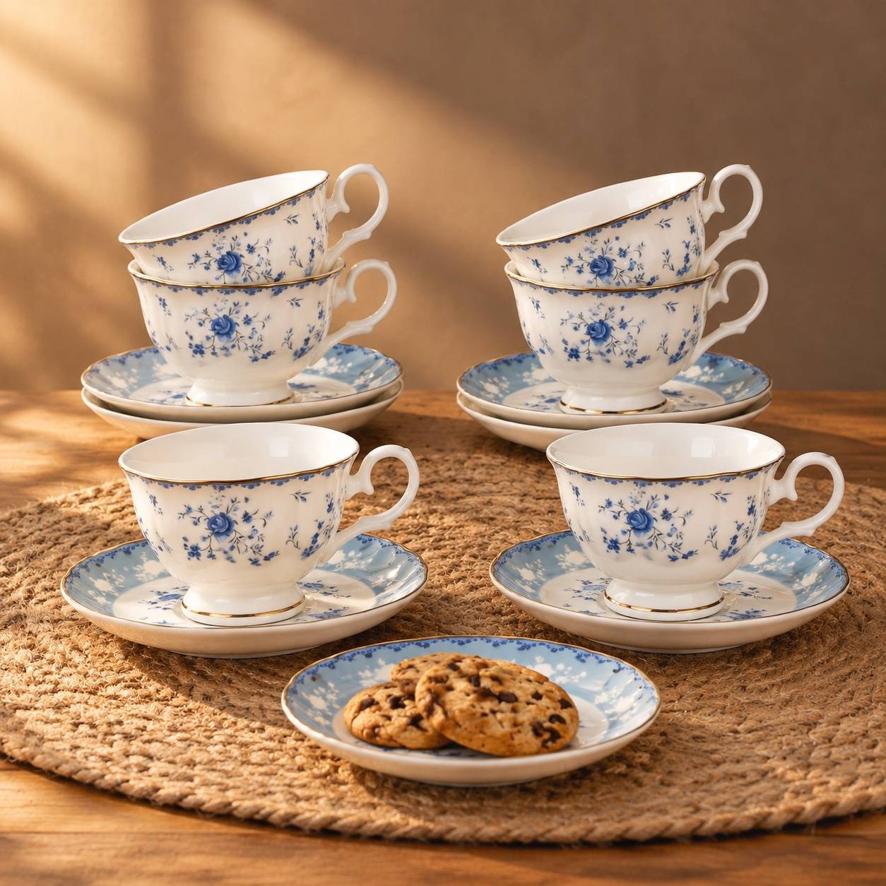 Service à Café et Thé en Porcelaine 6 Tasses et Soucoupes Décor Fleurs Bleues Élégant - Image 5