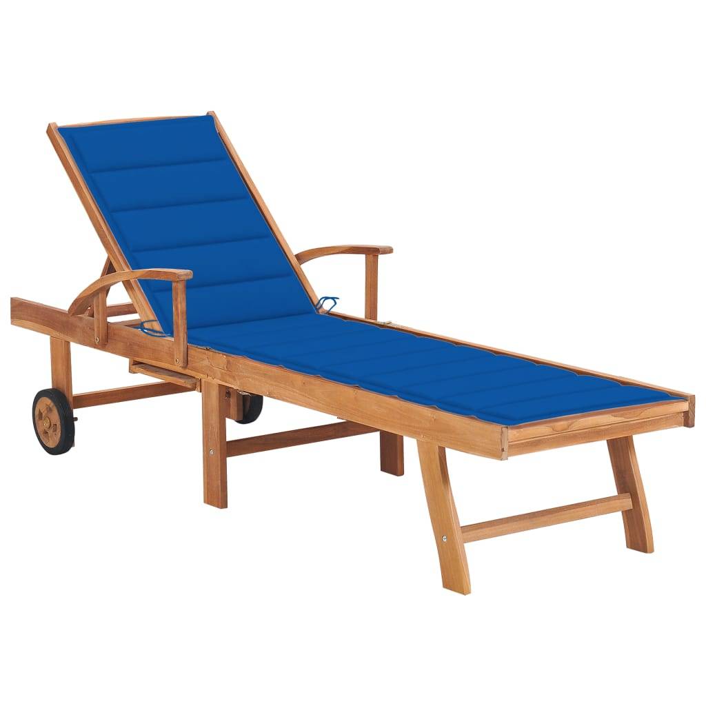 Helloshop26 - Transat chaise longue bain de soleil lit de jardin terrasse meuble d'extérieur 195 cm avec coussin bleu royal bois de teck solide - Imagen 1