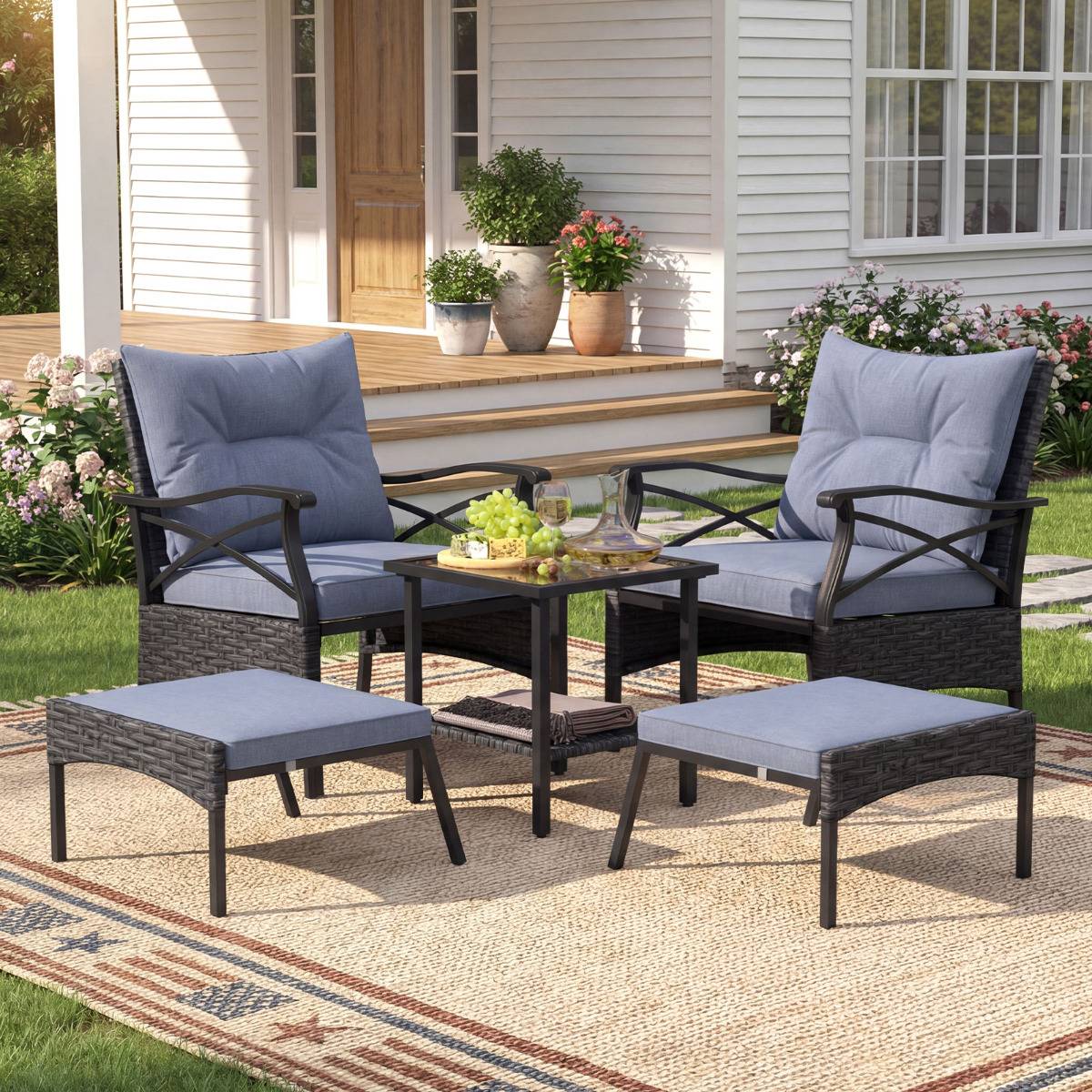 Ensemble de Meubles de Patio 5 Pièces Salon de Jardin en Rotin - 2 Chaises 2 Poufs et Table Basse Gris MAISON CHIC - Image 5