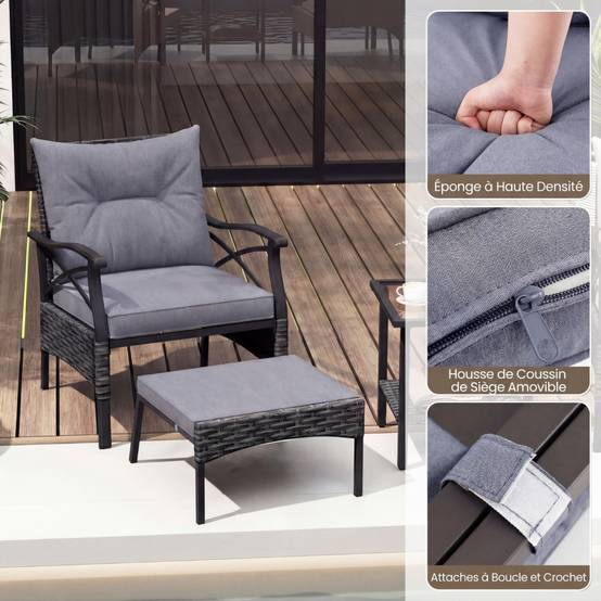 Ensemble de Meubles de Patio 5 Pièces Salon de Jardin en Rotin - 2 Chaises 2 Poufs et Table Basse Gris MAISON CHIC - Image 7