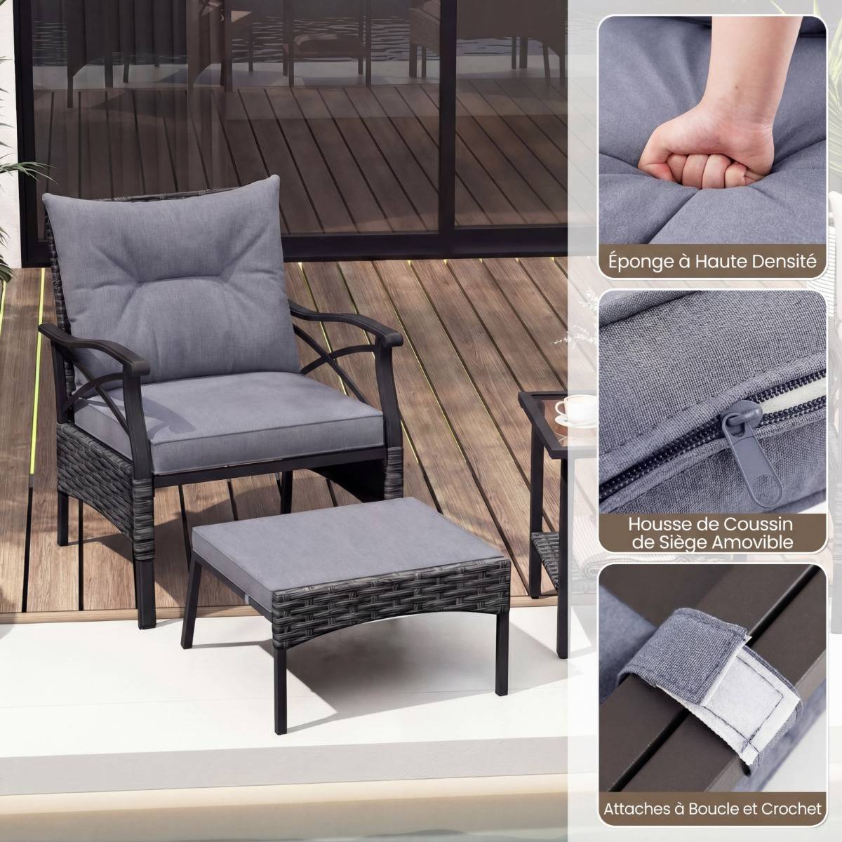 Ensemble de Meubles de Patio 5 Pièces Salon de Jardin en Rotin - 2 Chaises 2 Poufs et Table Basse Gris MAISON CHIC - Image 7