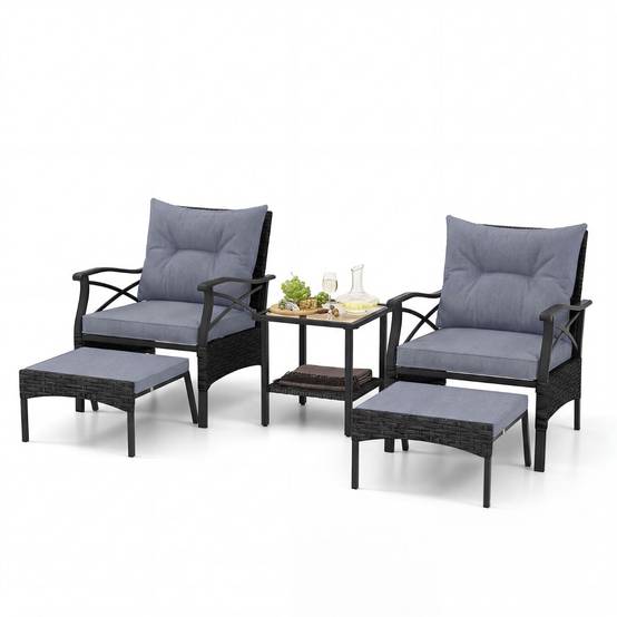 Ensemble de Meubles de Patio 5 Pièces Salon de Jardin en Rotin - 2 Chaises 2 Poufs et Table Basse Gris MAISON CHIC - Image 6