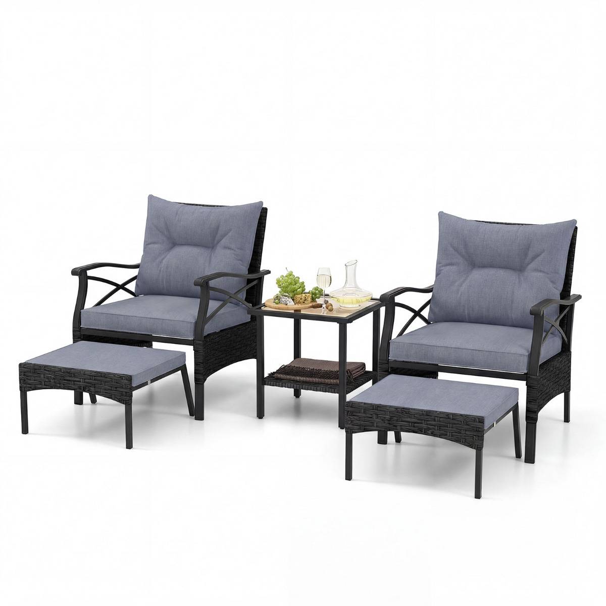 Ensemble de Meubles de Patio 5 Pièces Salon de Jardin en Rotin - 2 Chaises 2 Poufs et Table Basse Gris MAISON CHIC - Image 6