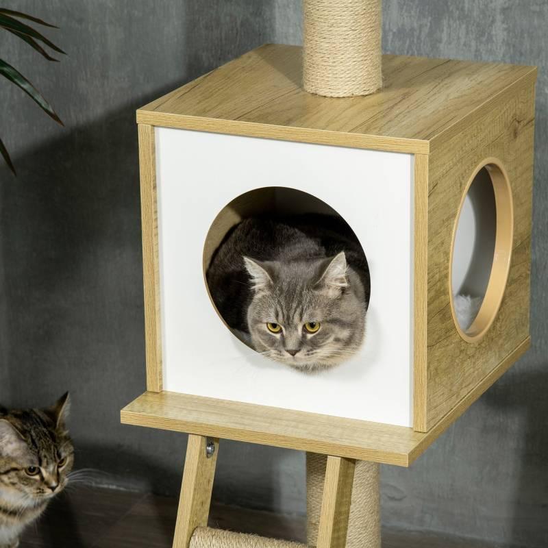 Arbre à chat, hauteur plafond, maison pour chat, deux plateformes, hamac, dispositif anti-basculement, marron clair et beige, 40 x 40 x 260 cm - Image 8