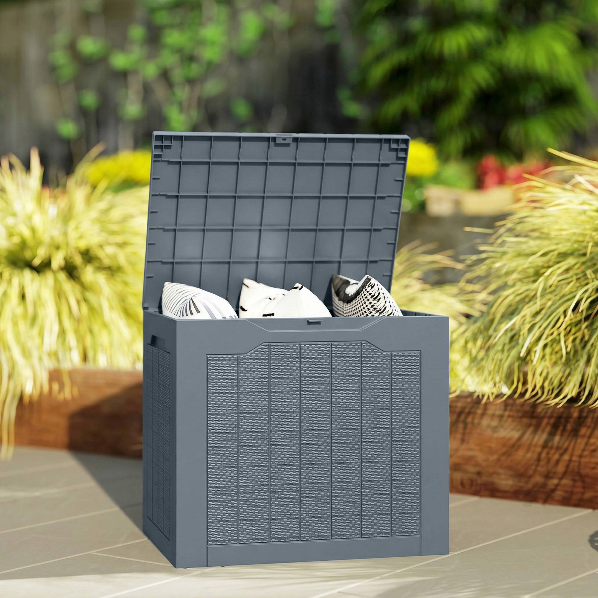 Coffre de Rangement Extérieur 97L avec Poignées Encastrées, Malle de Rangement Extérieur Étanche, 56x41x50cm, Gris Clair - Image 4