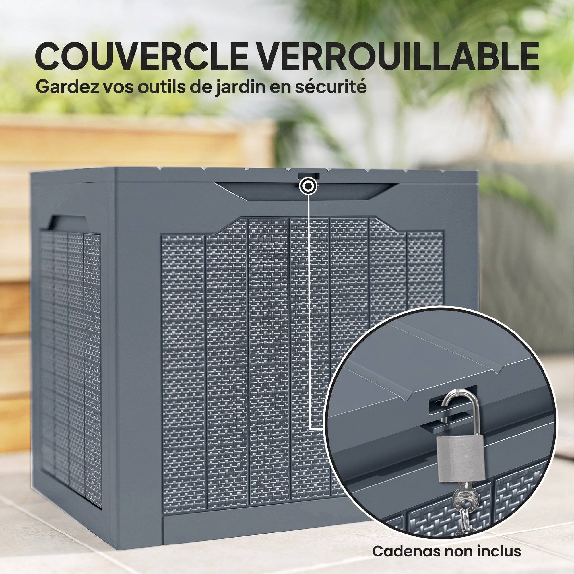 Coffre de Rangement Extérieur 97L avec Poignées Encastrées, Malle de Rangement Extérieur Étanche, 56x41x50cm, Gris Clair - Image 8