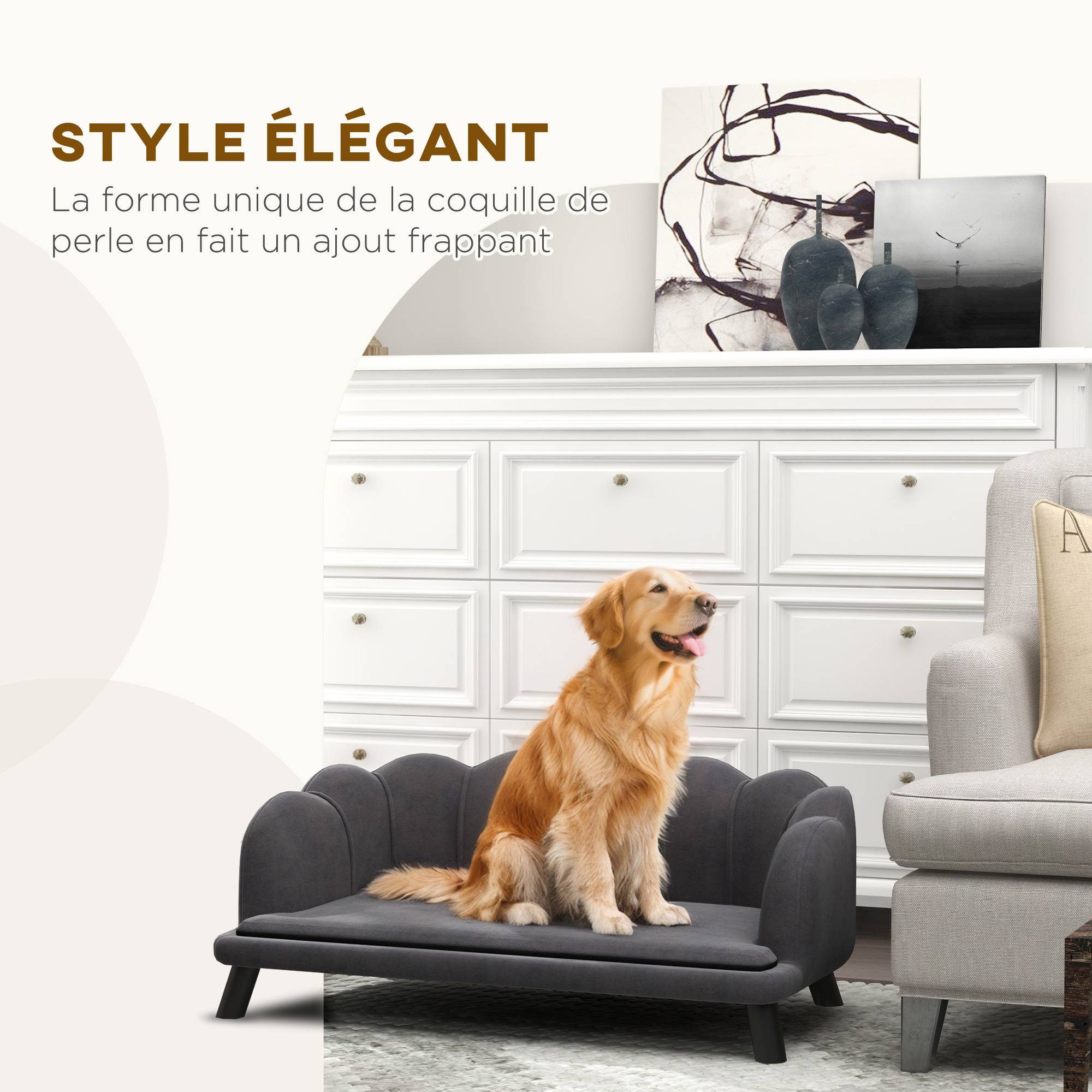 Canapé chien lit pour chien chat coquillage 98L x 60l x 35H cm coussin moelleux velours gris - Image 7