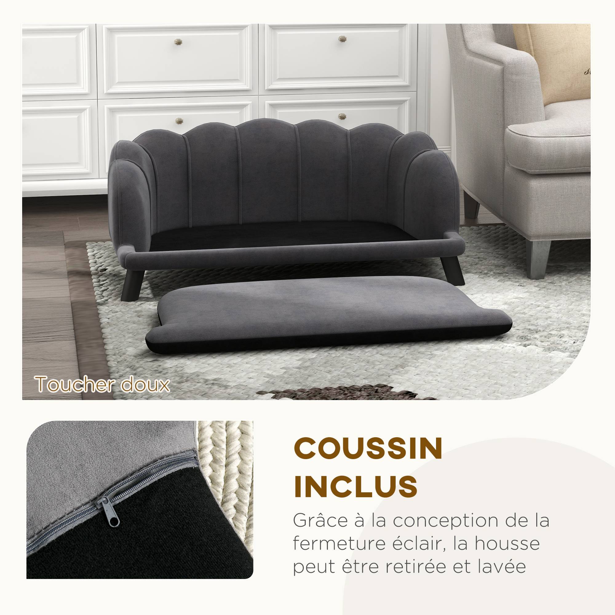 Canapé chien lit pour chien chat coquillage 98L x 60l x 35H cm coussin moelleux velours gris - Image 9