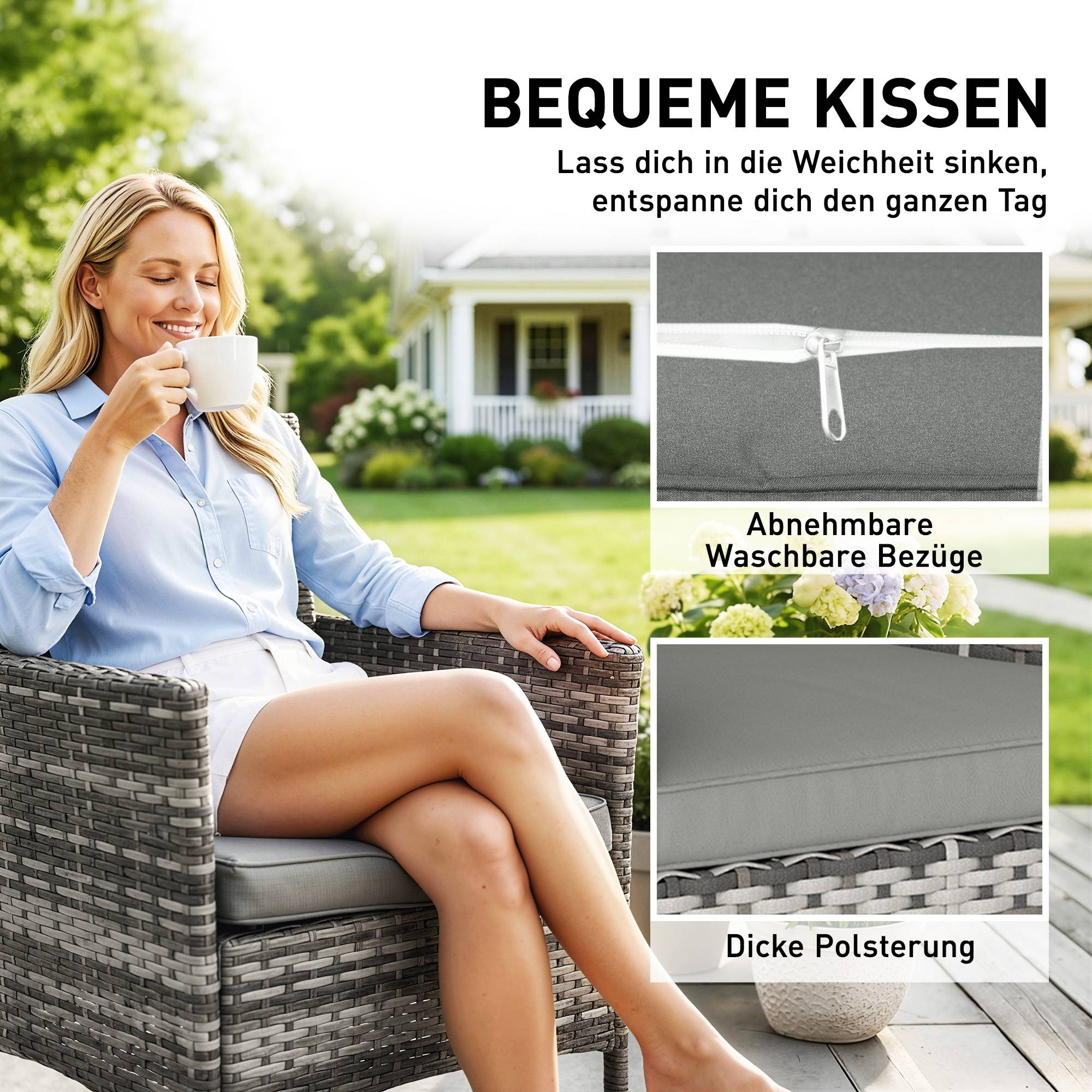 Lot de 2 fauteuils de jardin polyrotin : coussins amovibles, cadre acier, gris - Image 6