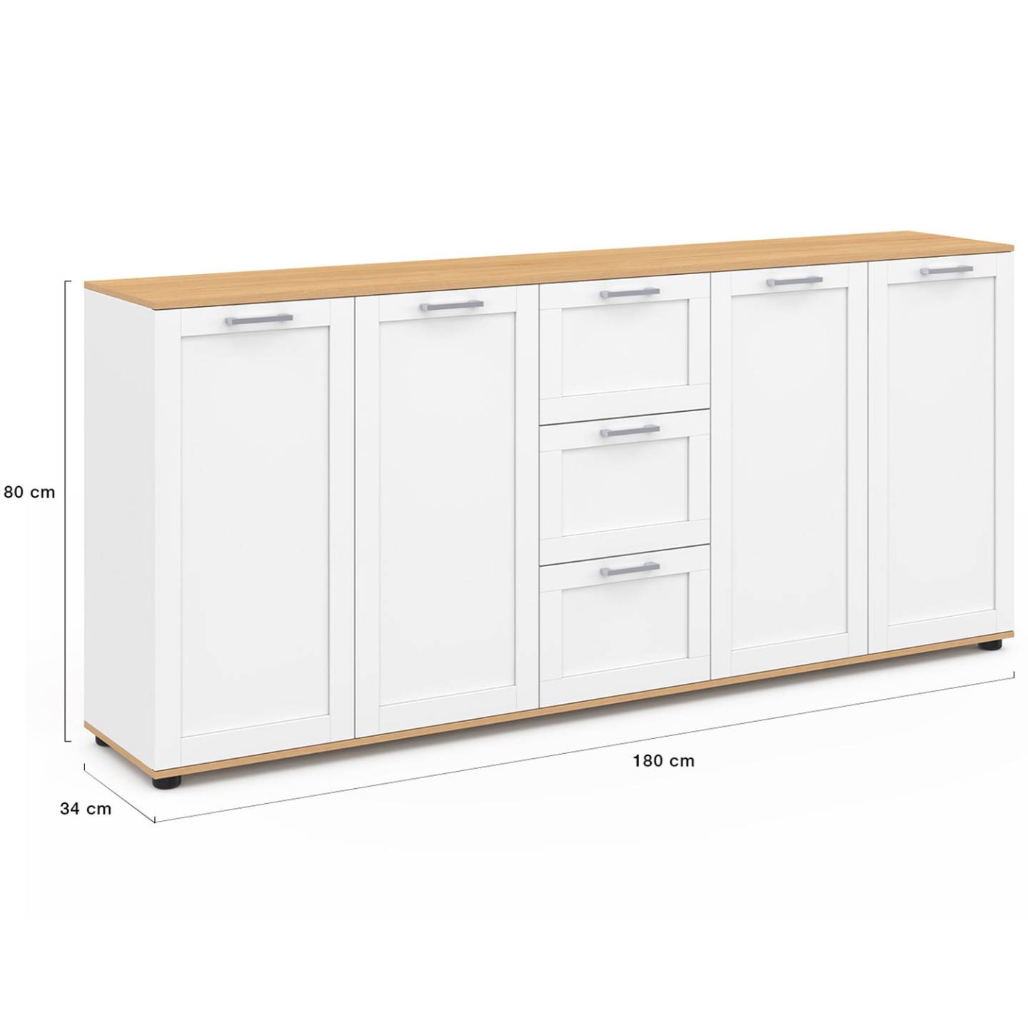 Buffet 180 cm VITO XXL 4 portes avec 3 tiroirs bois et blanc - Image 5
