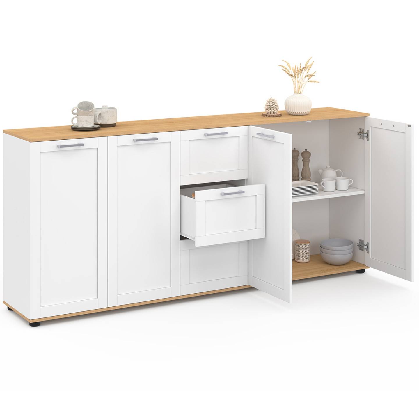 Buffet 180 cm VITO XXL 4 portes avec 3 tiroirs bois et blanc - Image 4
