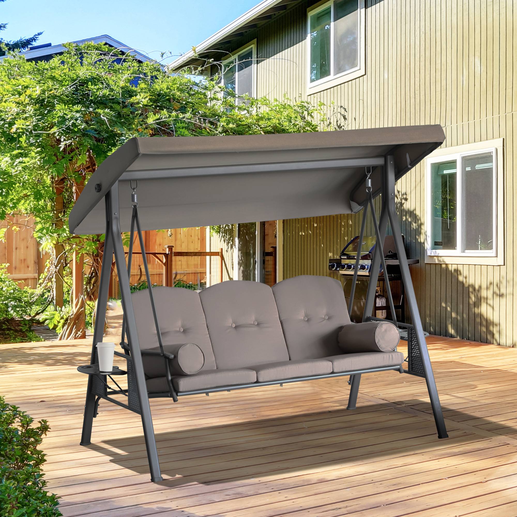 Outsunny - Balancelle de jardin 3 places grand confort toit inclinaison réglable coussins plateaux rétractables polyester filé marron - Outsunny - Imagen 2