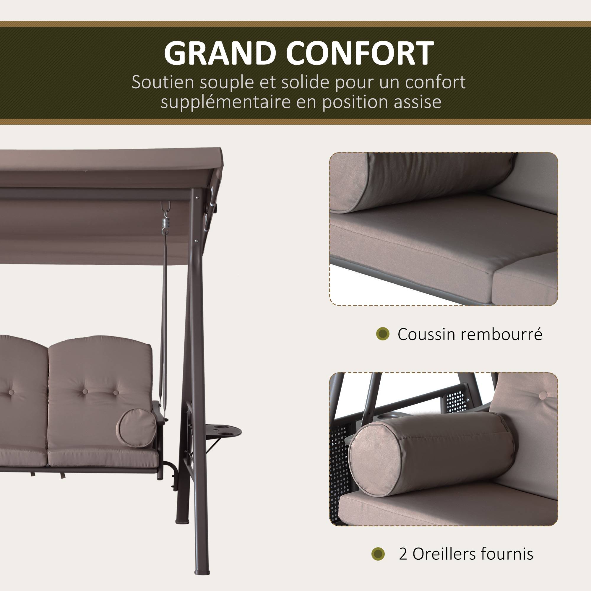 Outsunny - Balancelle de jardin 3 places grand confort toit inclinaison réglable coussins plateaux rétractables polyester filé marron - Outsunny - Imagen 4