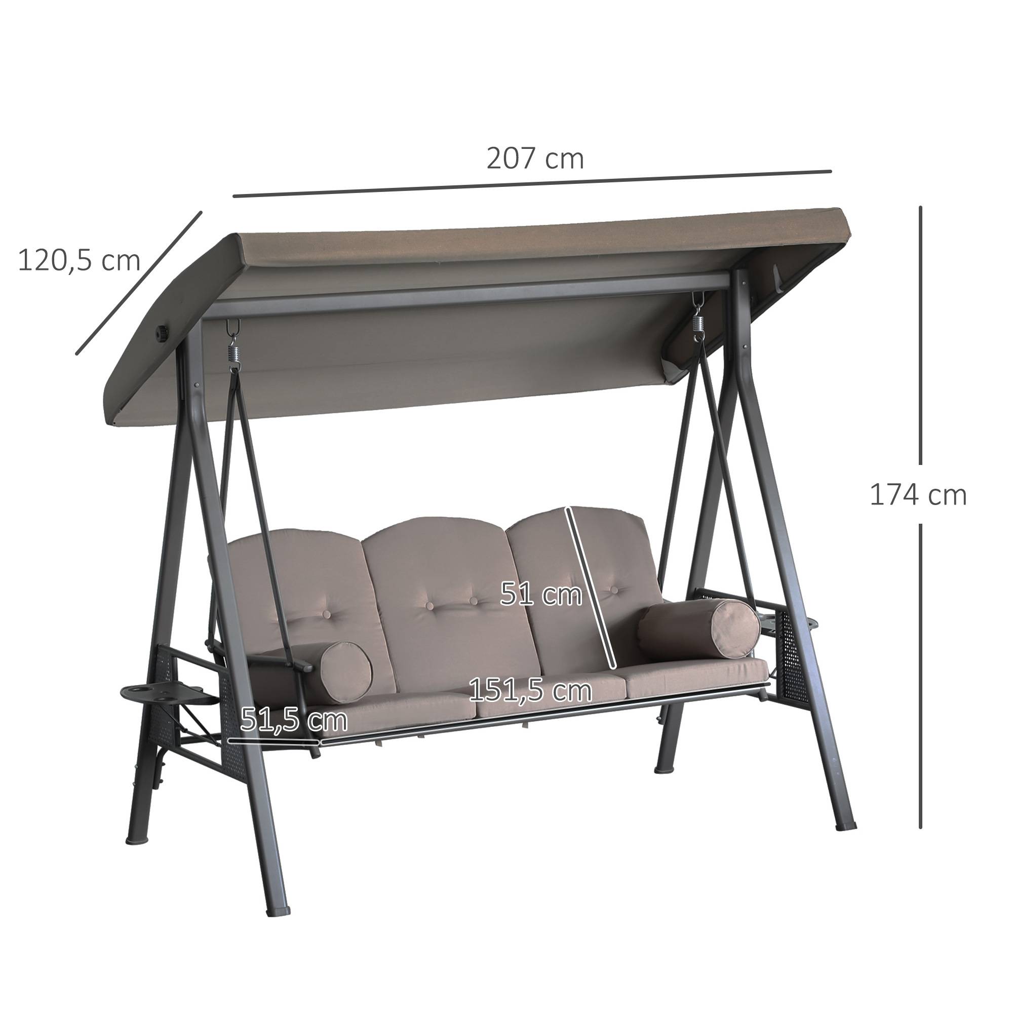 Outsunny - Balancelle de jardin 3 places grand confort toit inclinaison réglable coussins plateaux rétractables polyester filé marron - Outsunny - Imagen 3