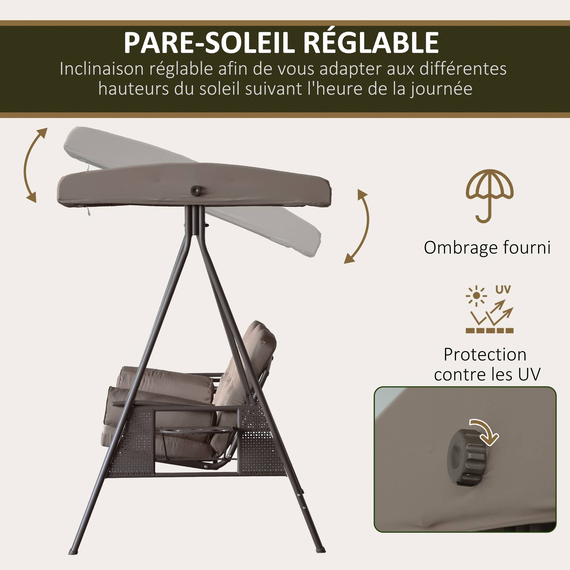 Outsunny - Balancelle de jardin 3 places grand confort toit inclinaison réglable coussins plateaux rétractables polyester filé marron - Outsunny - Imagen 5