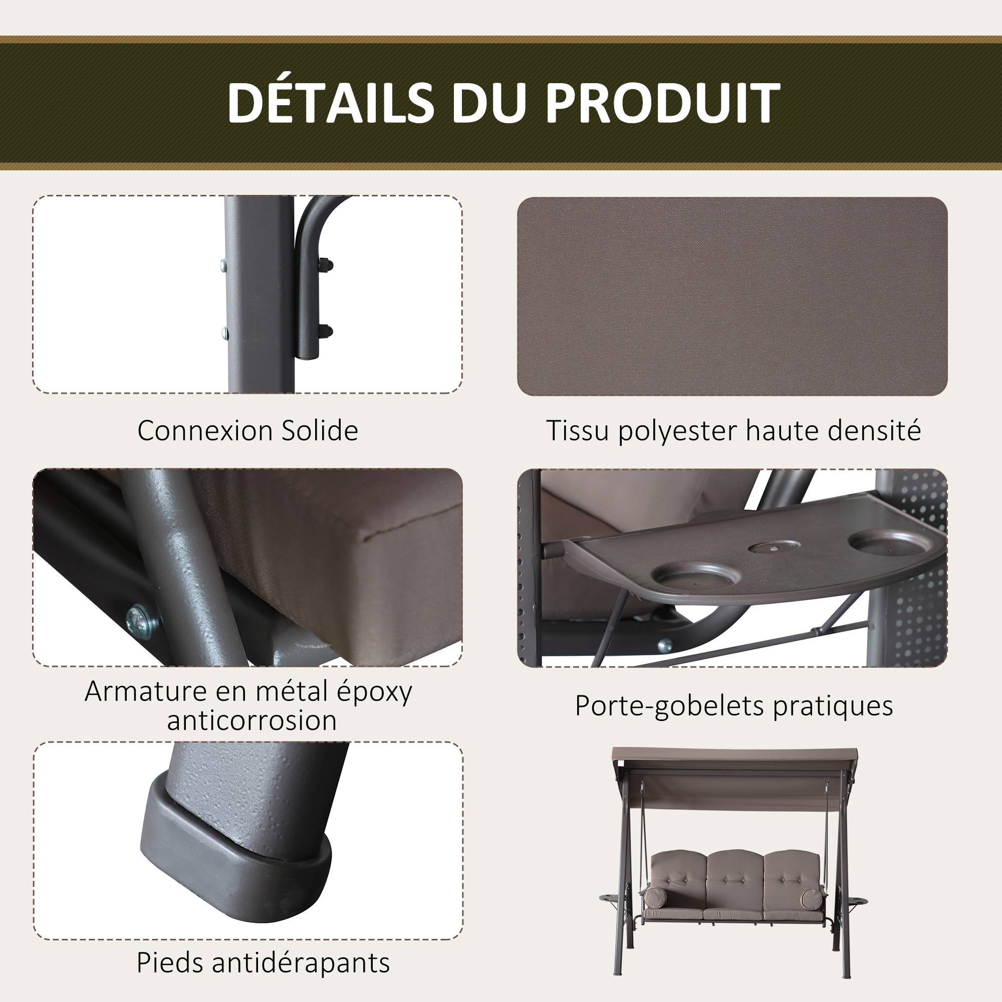 Outsunny - Balancelle de jardin 3 places grand confort toit inclinaison réglable coussins plateaux rétractables polyester filé marron - Outsunny - Imagen 6