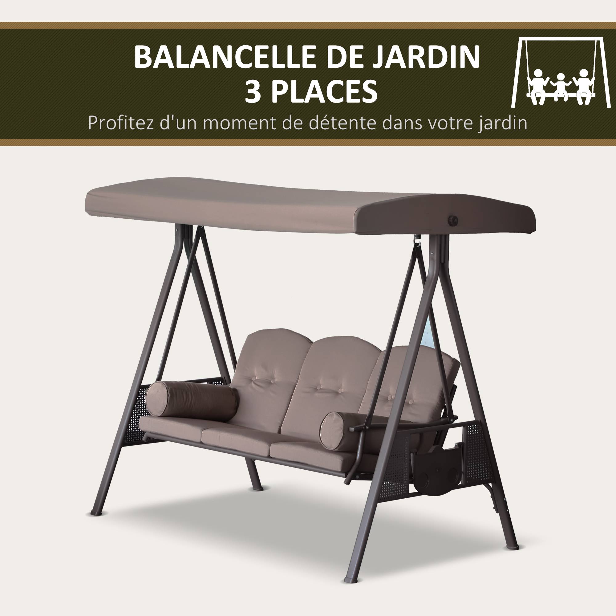 Outsunny - Balancelle de jardin 3 places grand confort toit inclinaison réglable coussins plateaux rétractables polyester filé marron - Outsunny - Imagen 7