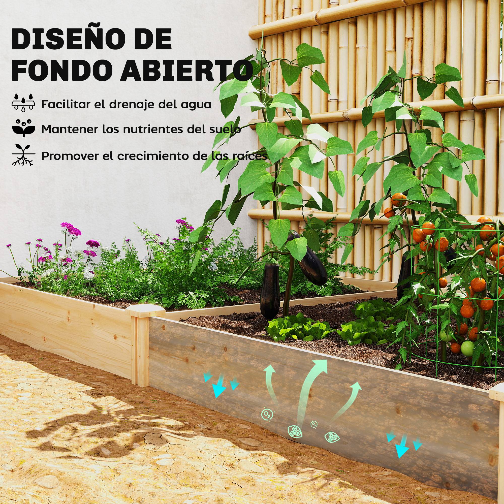 Jardinière surélevée en bois pour jardinage urbain avec séparateur et base ouverte, 235 x 121 x 26 cm, naturelle - Image 7