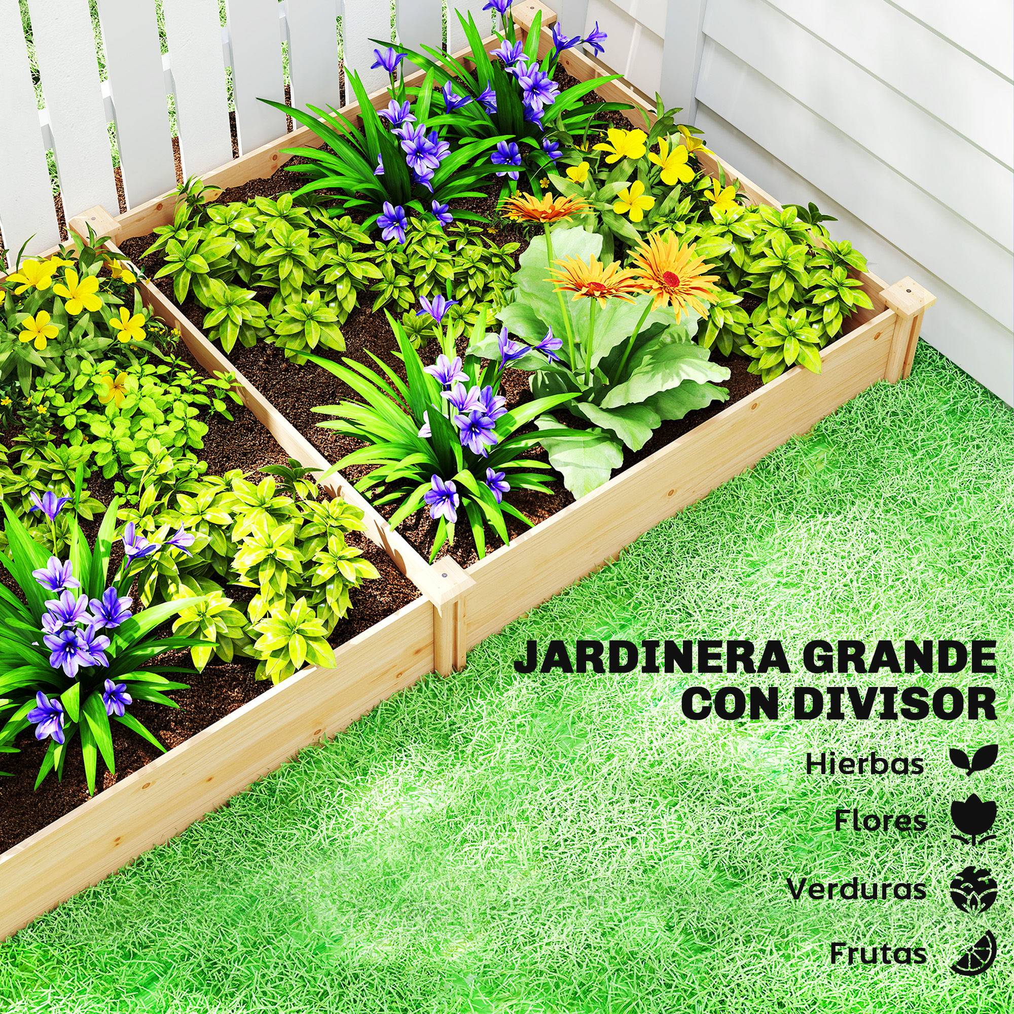 Jardinière surélevée en bois pour jardinage urbain avec séparateur et base ouverte, 235 x 121 x 26 cm, naturelle - Image 6