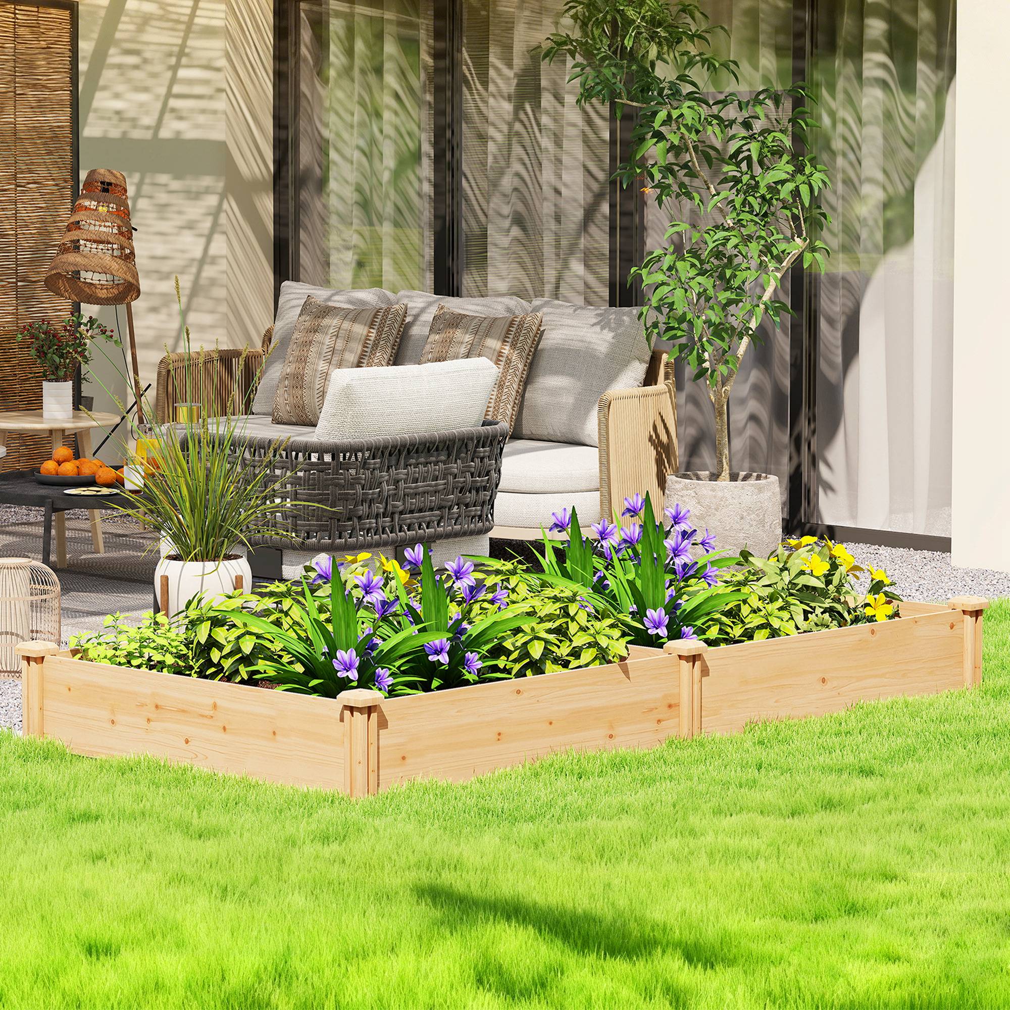 Jardinière surélevée en bois pour jardinage urbain avec séparateur et base ouverte, 235 x 121 x 26 cm, naturelle - Image 3