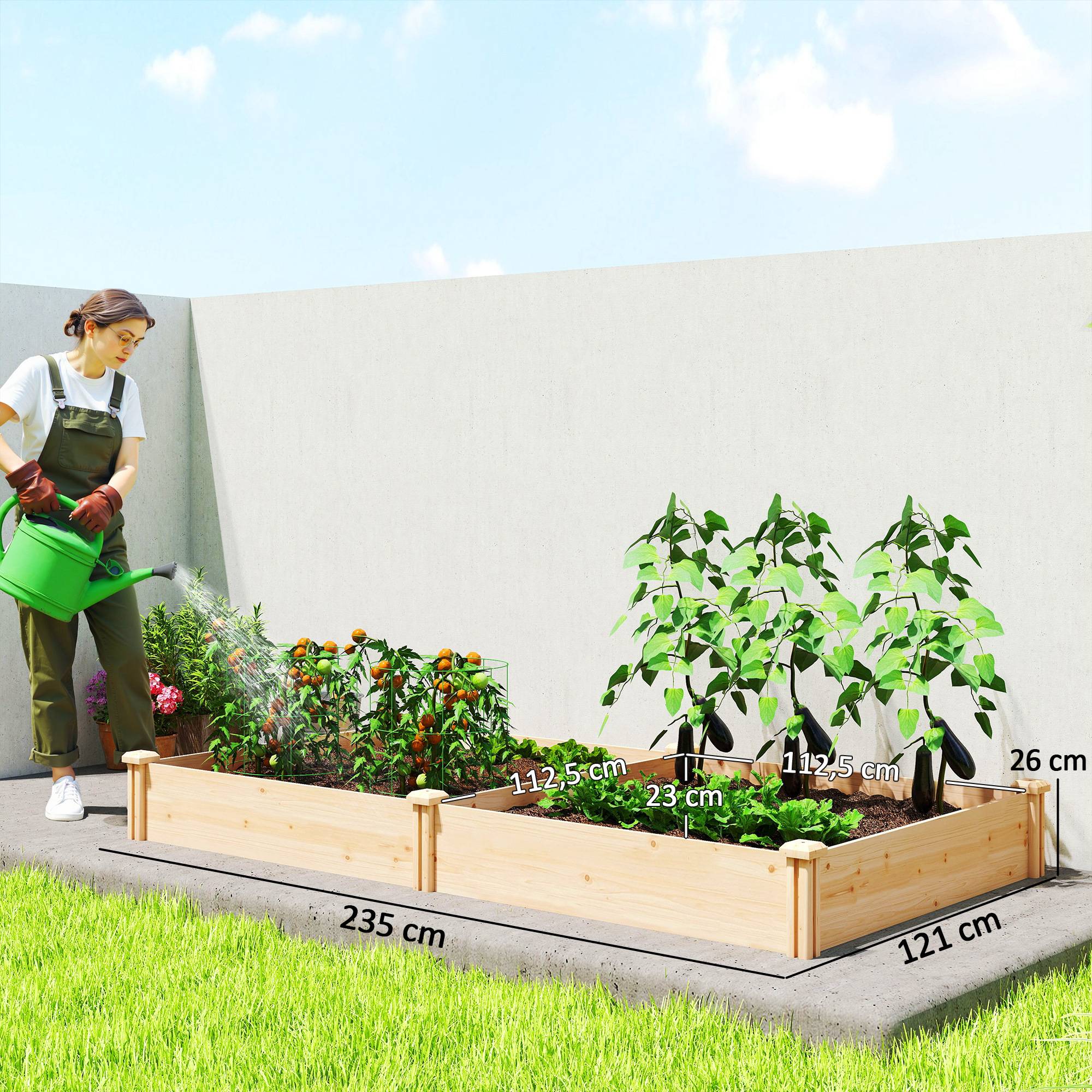 Jardinière surélevée en bois pour jardinage urbain avec séparateur et base ouverte, 235 x 121 x 26 cm, naturelle - Image 5