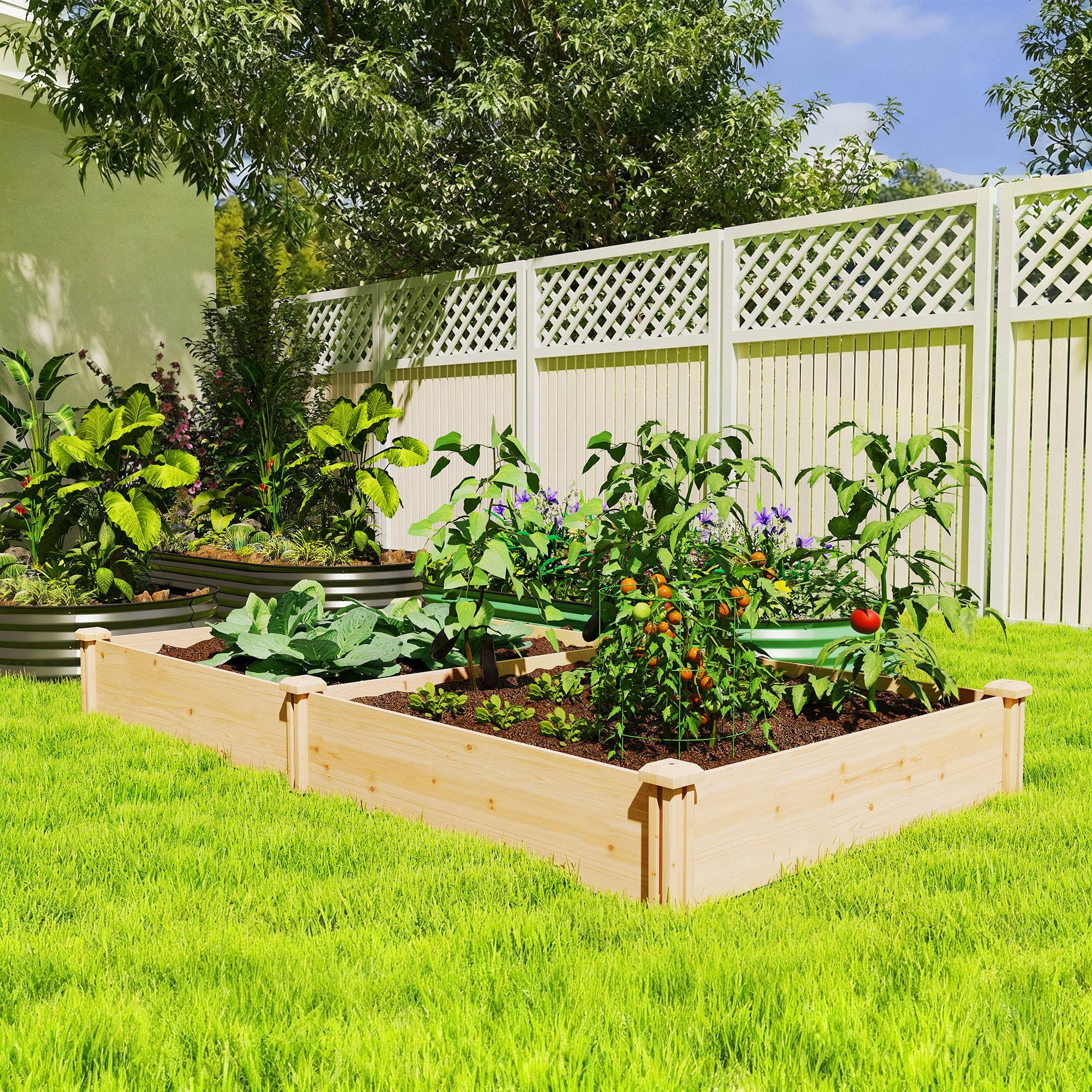 Jardinière surélevée en bois pour jardinage urbain avec séparateur et base ouverte, 235 x 121 x 26 cm, naturelle - Image 4