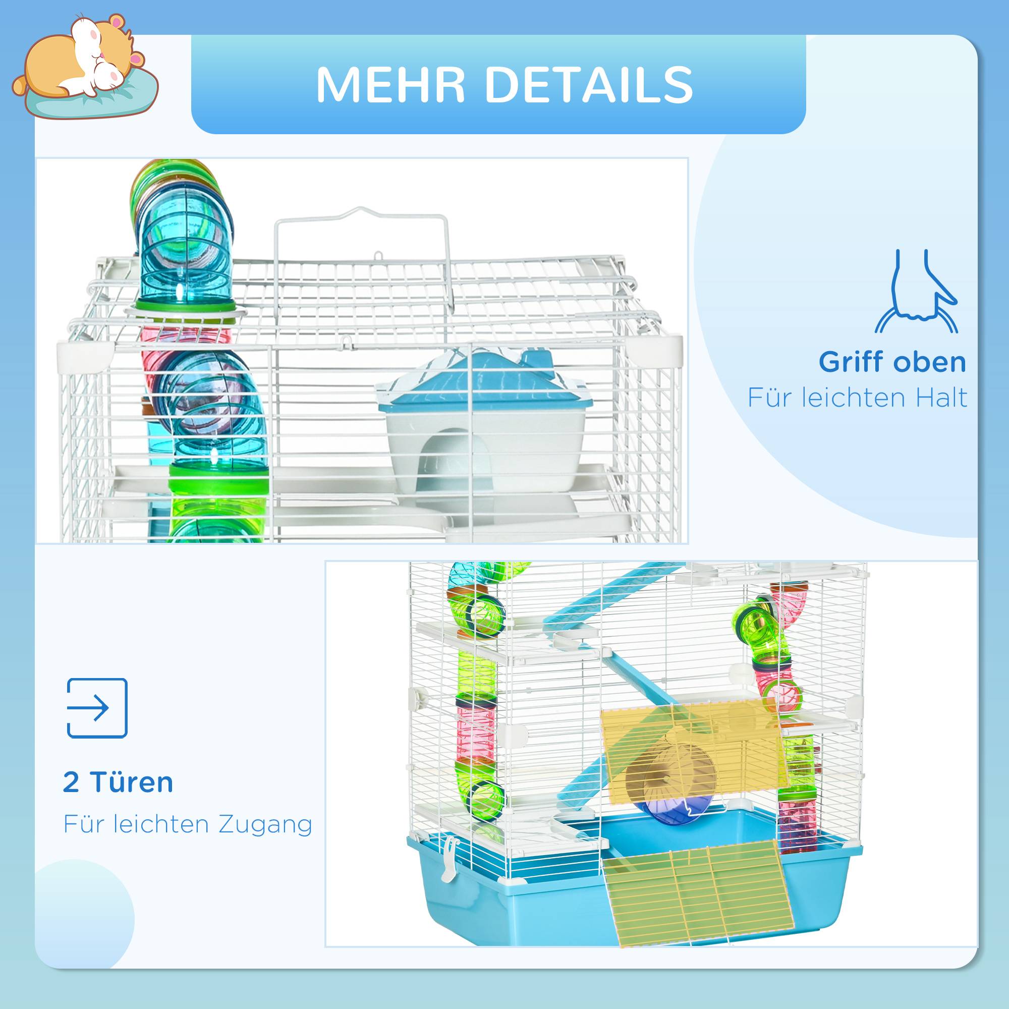 Cage pour hamster métal et plastique bleu clair et blanc 59 x 36 x 69 cm - PANGIVO - Image 9