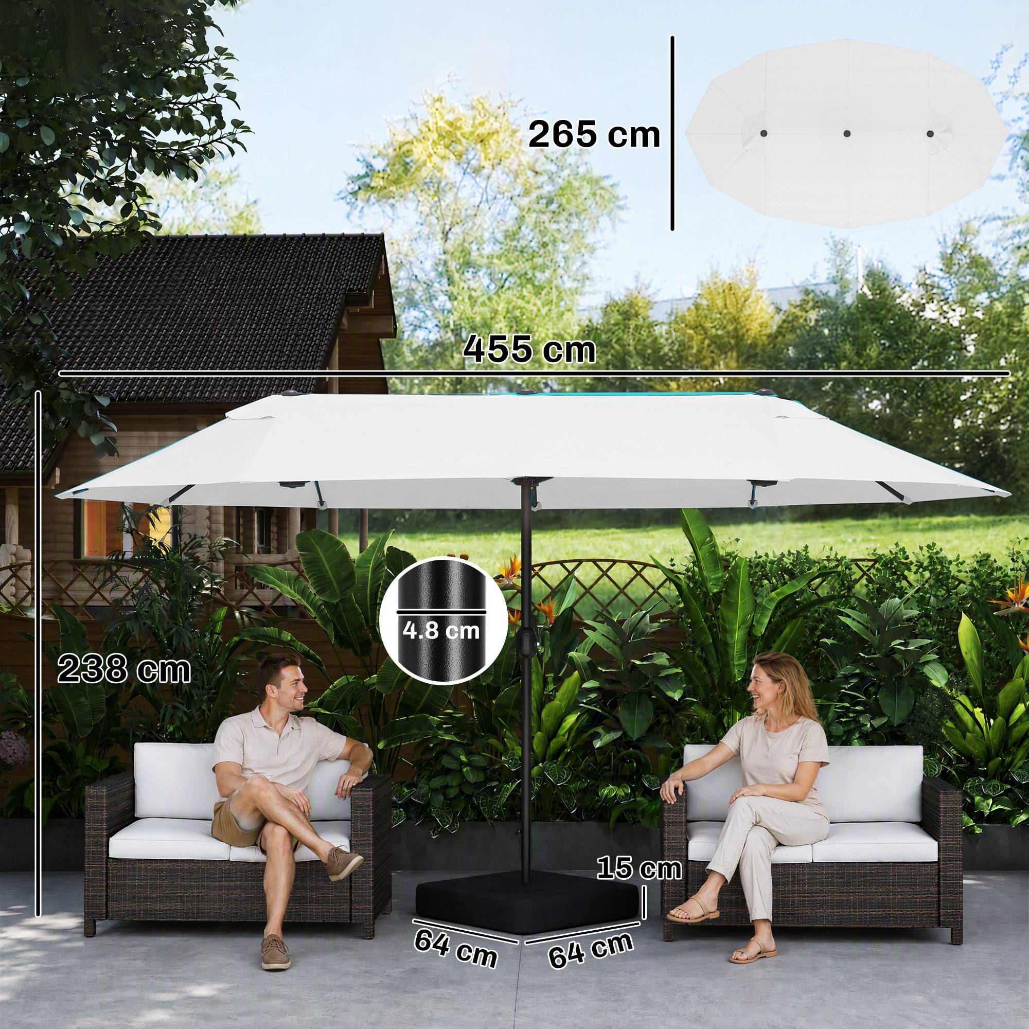 Parasol double à 12 baleines avec base en croix et manivelle, en acier et polyester, 455x265x238 cm, beige - Image 5