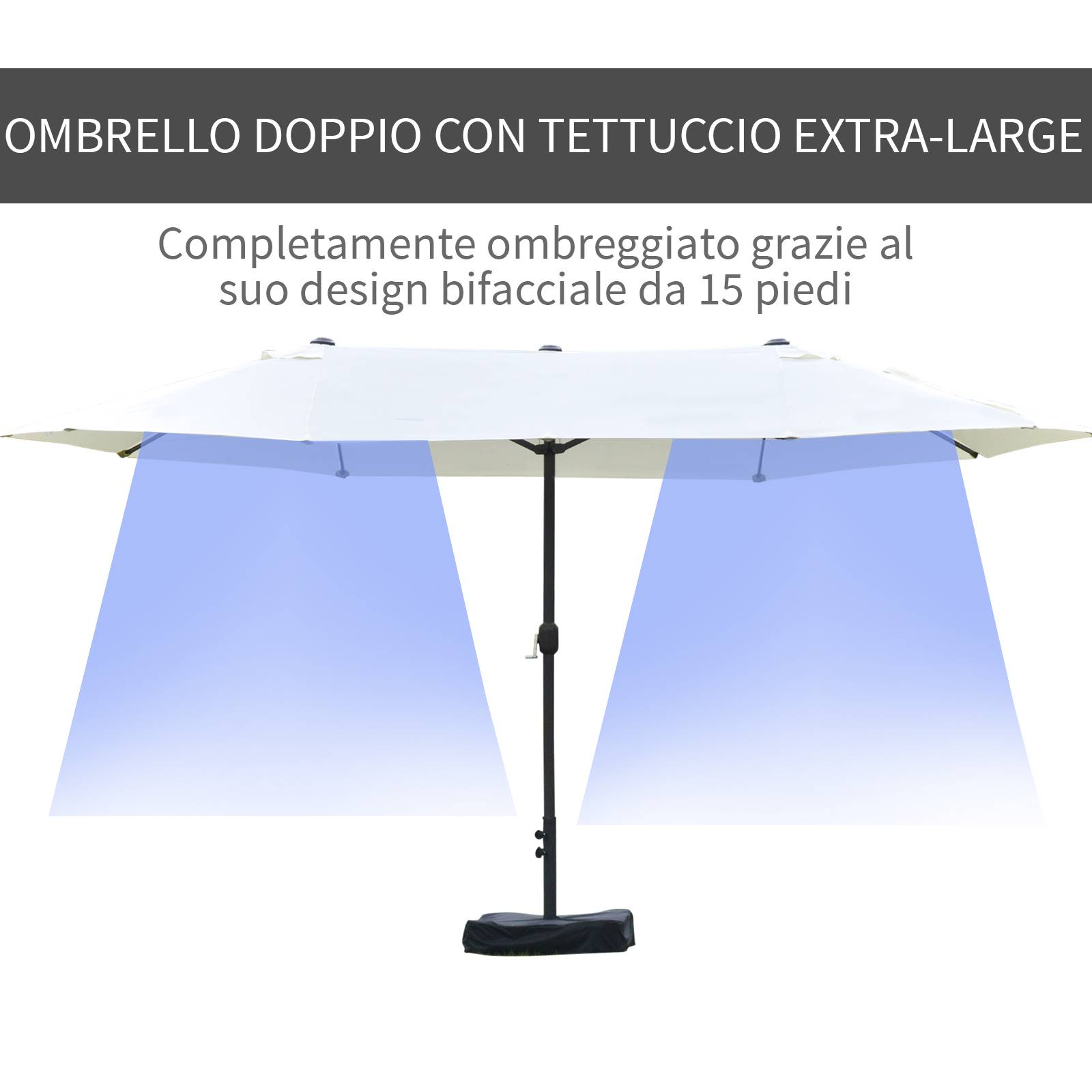 Parasol double à 12 baleines avec base en croix et manivelle, en acier et polyester, 455x265x238 cm, beige - Image 6
