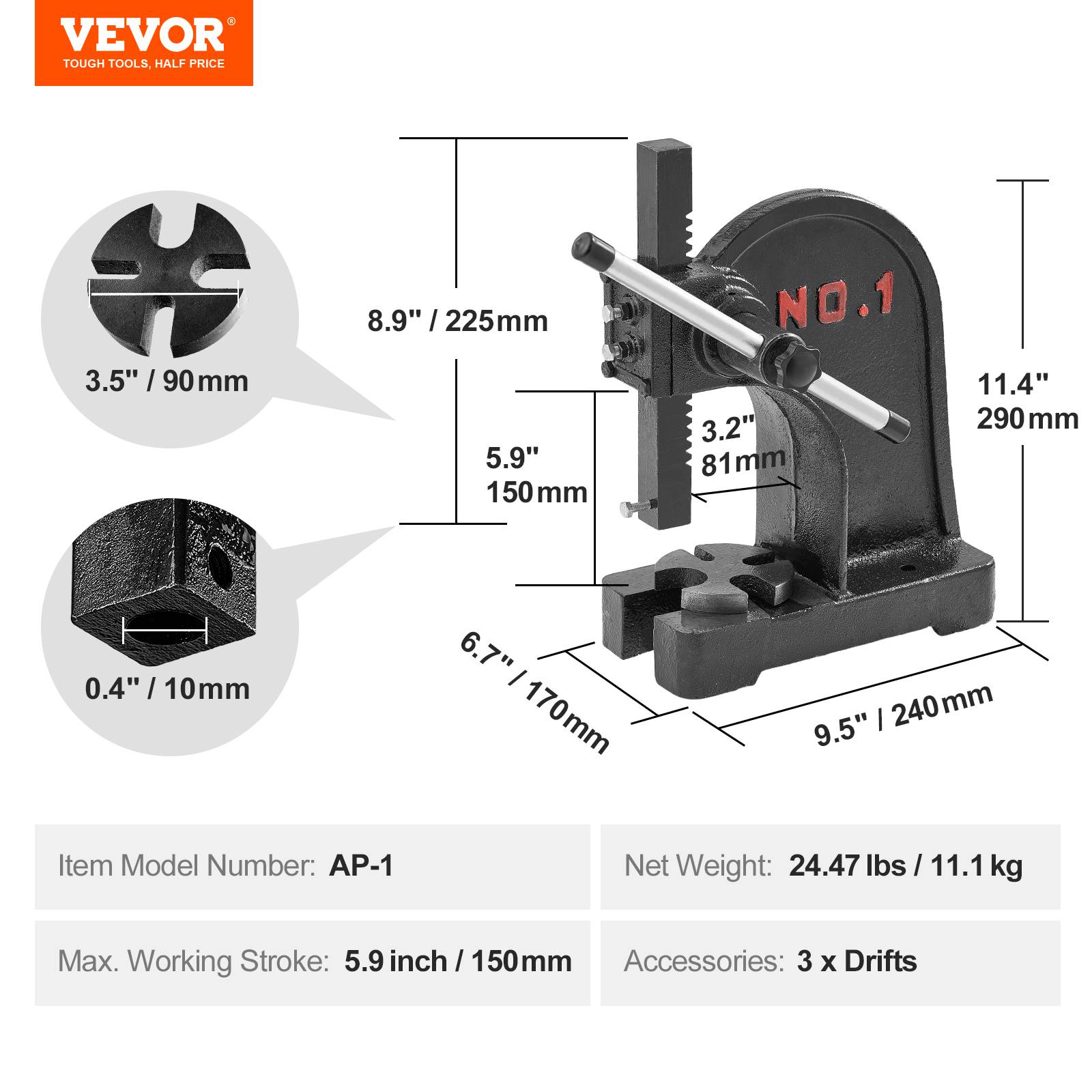 Vevor - VEVOR Presse à crémaillère manuelle 1 t, hauteur max 150 mm. Robuste fonte, pour estampage, pliage, formage. - Image 7