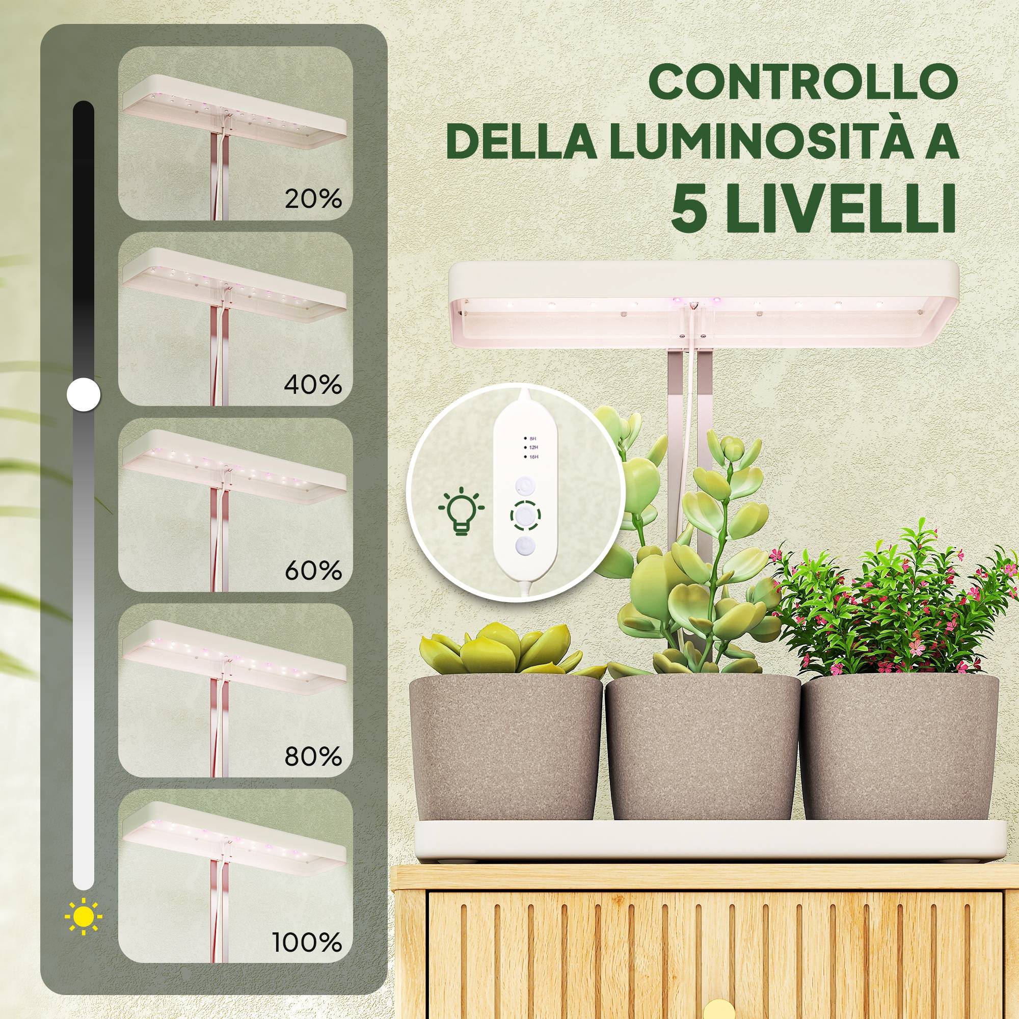 Lampes plantes 42 LED avec 3 pots, minuterie et éclairage réglable, 45x18,8x47,8 cm, blanc - Image 9
