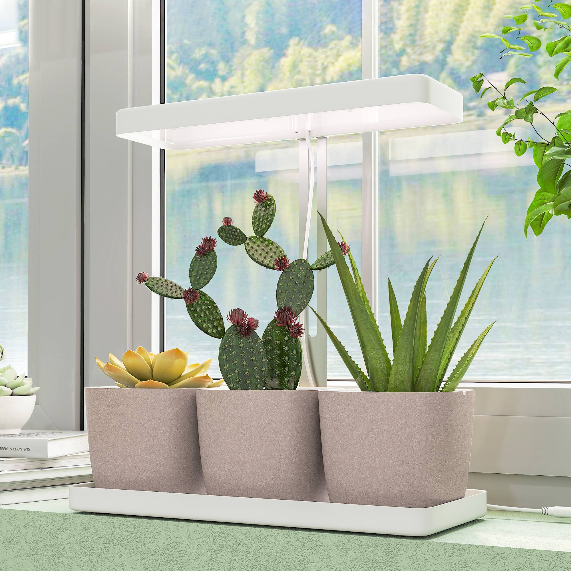 Lampes plantes 42 LED avec 3 pots, minuterie et éclairage réglable, 45x18,8x47,8 cm, blanc - Image 3