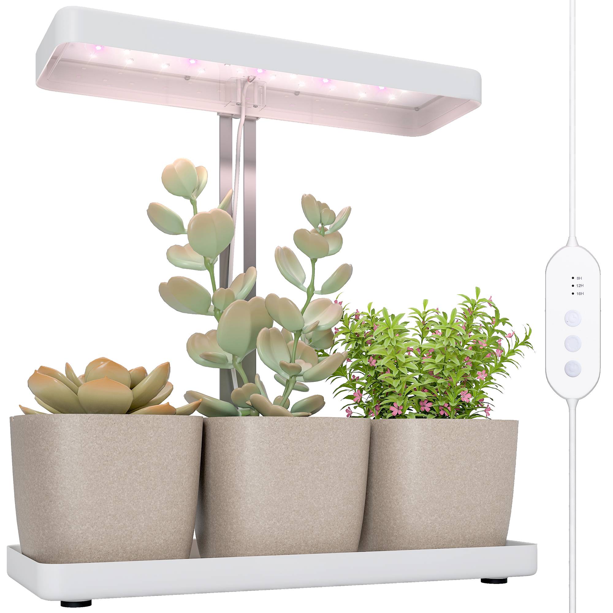 Lampes plantes 42 LED avec 3 pots, minuterie et éclairage réglable, 45x18,8x47,8 cm, blanc - Image 1