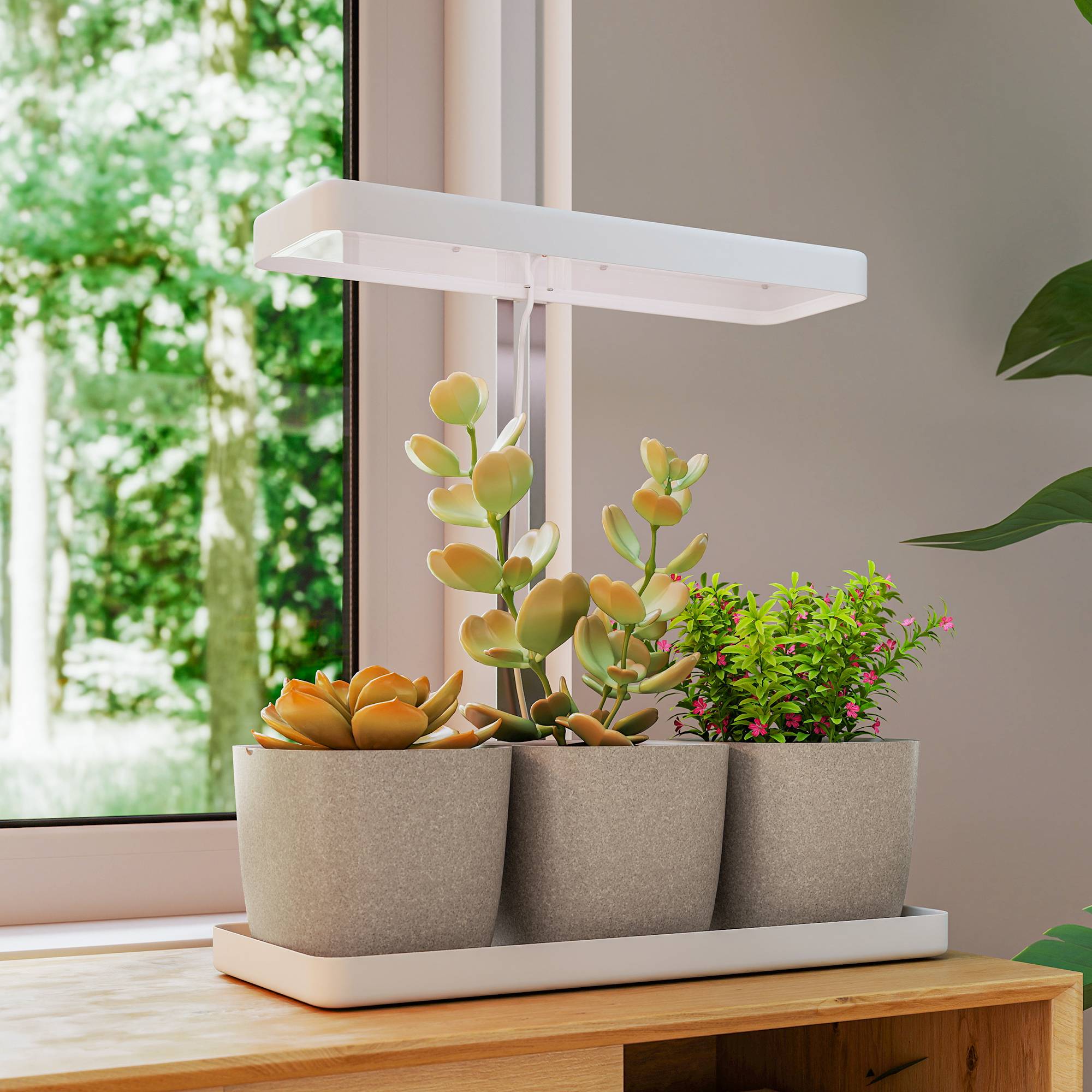 Lampes plantes 42 LED avec 3 pots, minuterie et éclairage réglable, 45x18,8x47,8 cm, blanc - Image 4