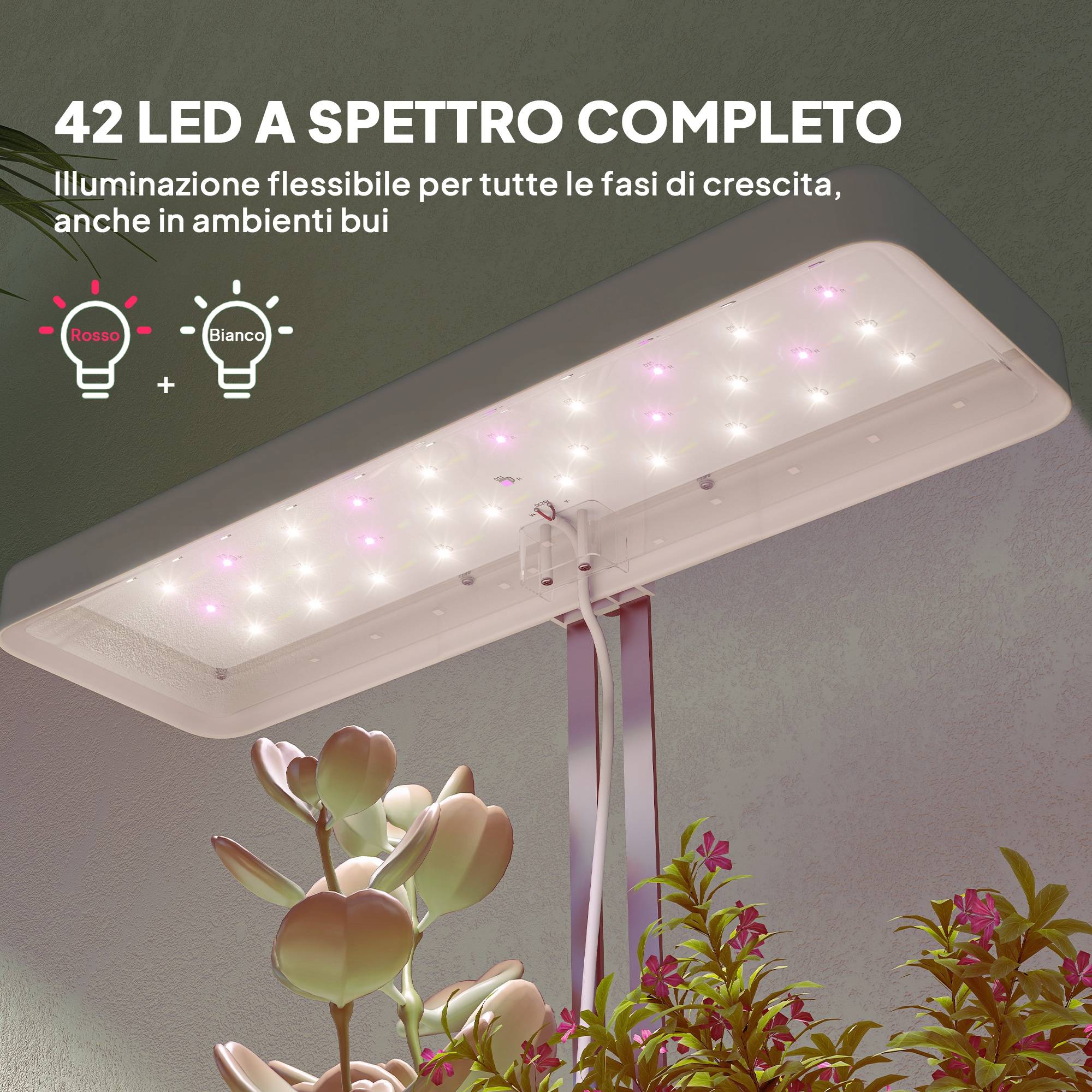 Lampes plantes 42 LED avec 3 pots, minuterie et éclairage réglable, 45x18,8x47,8 cm, blanc - Image 7