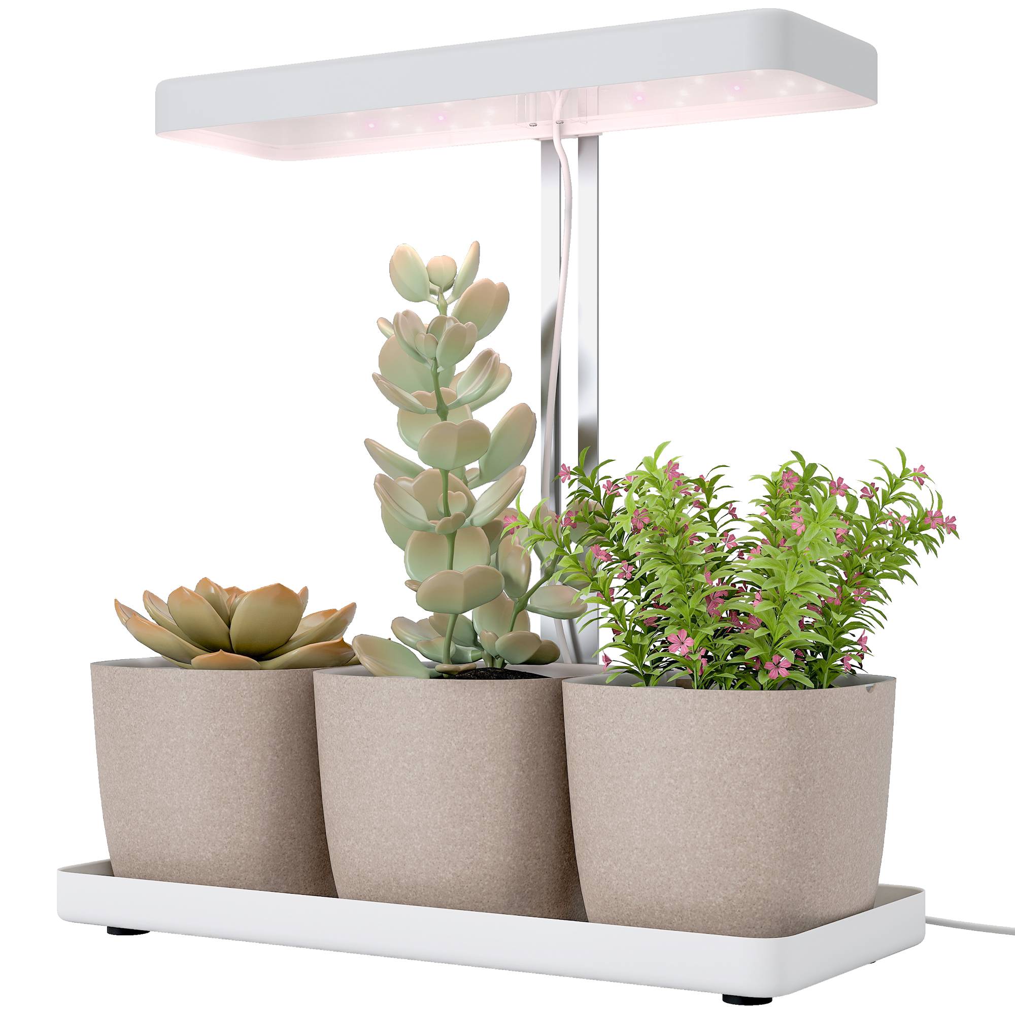 Lampes plantes 42 LED avec 3 pots, minuterie et éclairage réglable, 45x18,8x47,8 cm, blanc - Image 2