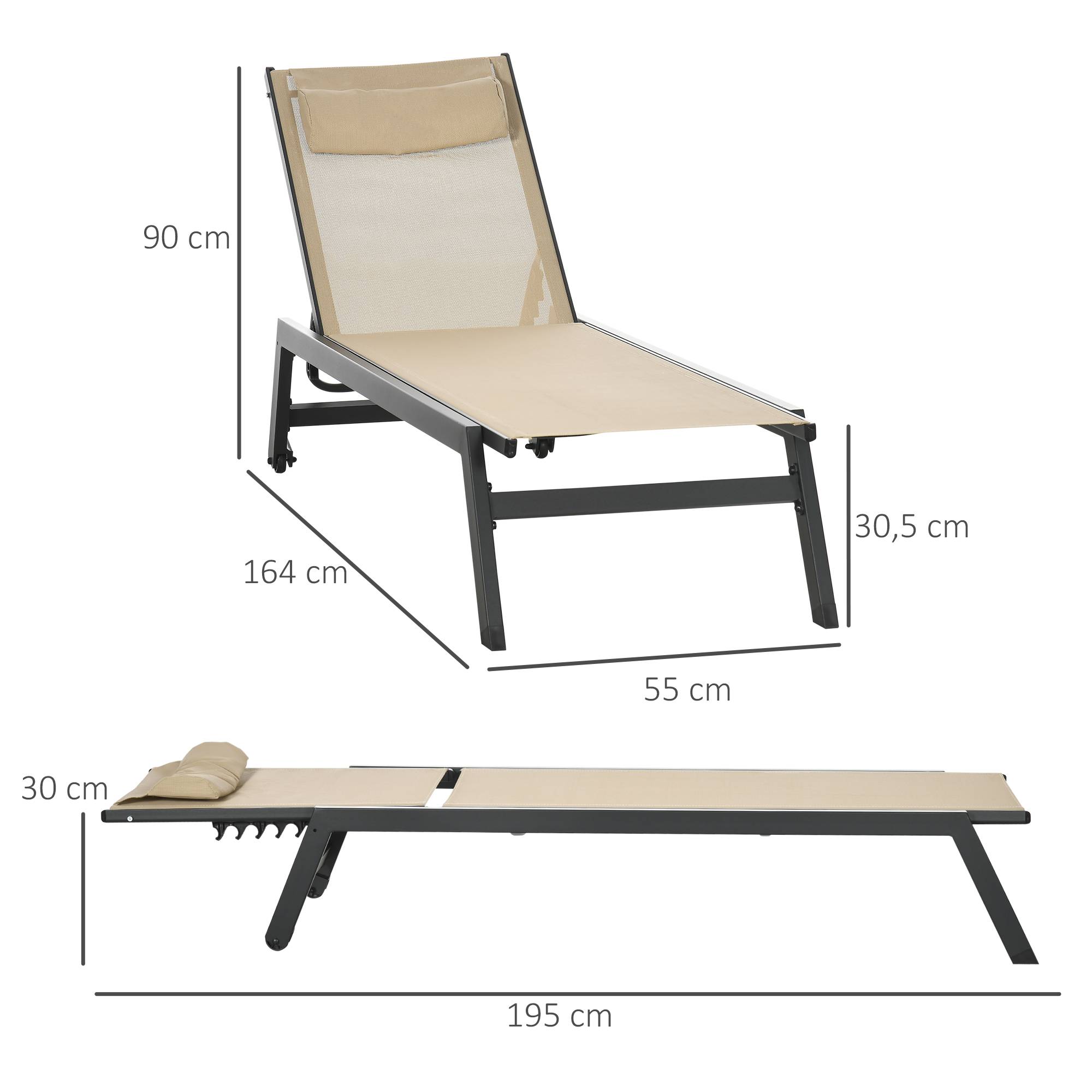 Outsunny - Bain de soleil transat inclinable 5 positions - tétière, 2 roulettes - alu. textilène kaki - Outsunny - Image 3