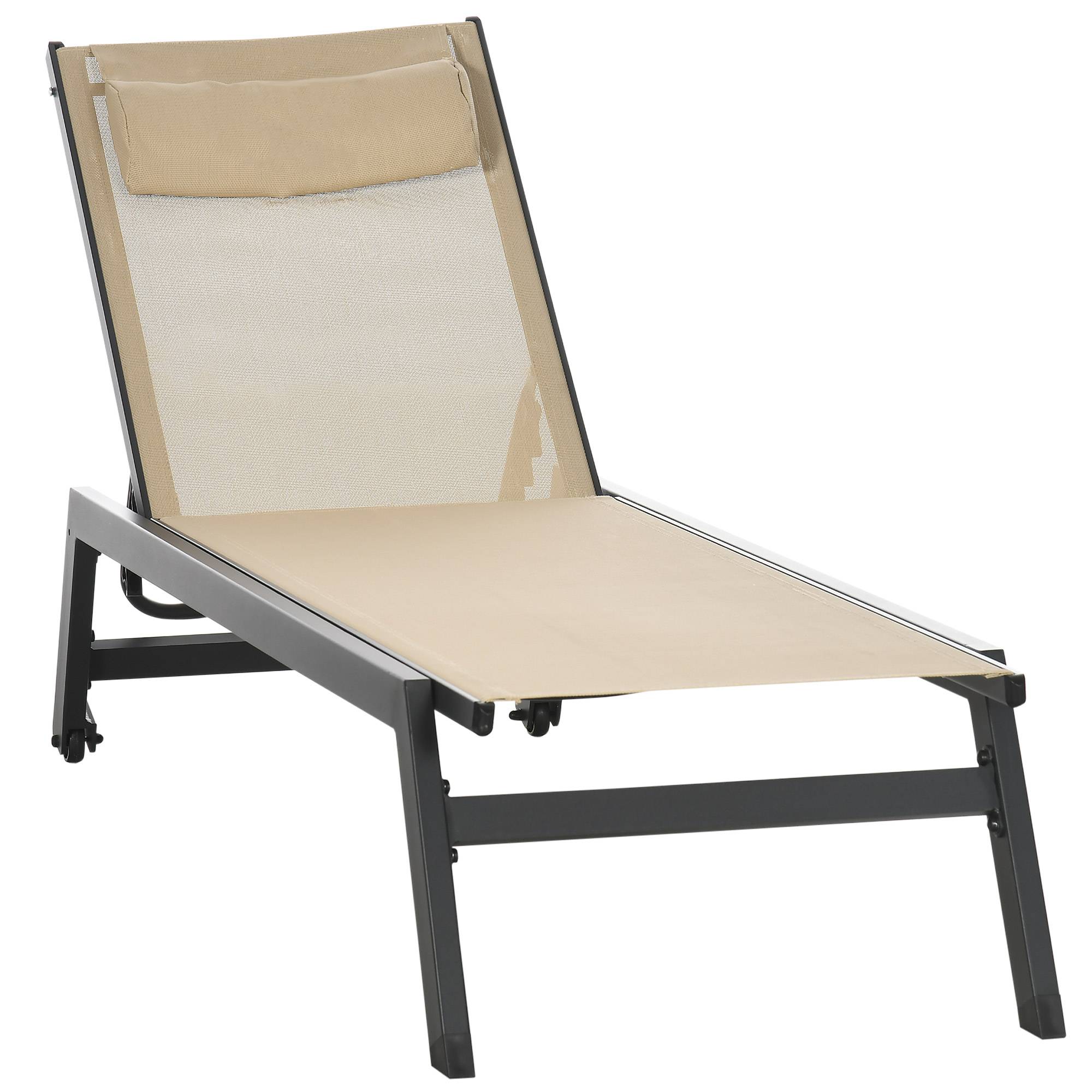 Outsunny - Bain de soleil transat inclinable 5 positions - tétière, 2 roulettes - alu. textilène kaki - Outsunny - Image 1