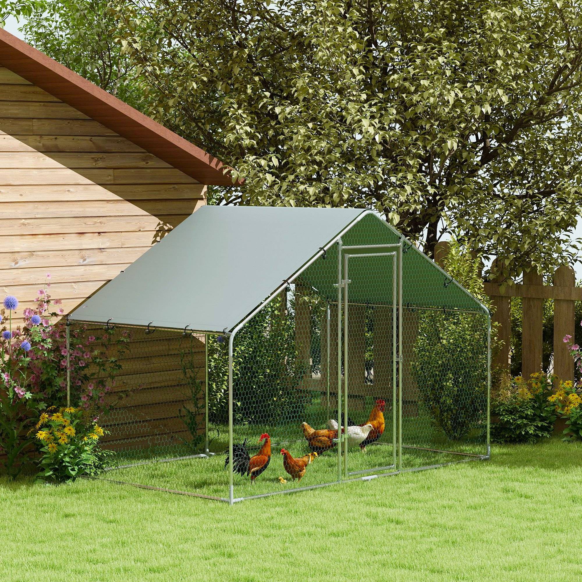 Poulailler pour 5 à 8 poules, toit en bâche, porte verrouillable, structure en acier, 5,1 m², 3 x 1,7 x 1,9 m - Image 3