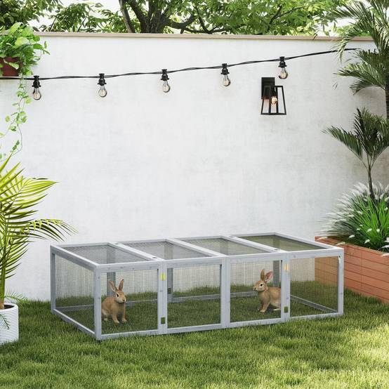 Clapier extérieur pour petits animaux 181 x 100 x 48 cm, bois de sapin, porte, enclos, pour lapins et cochons d’Inde, gris - Image 3