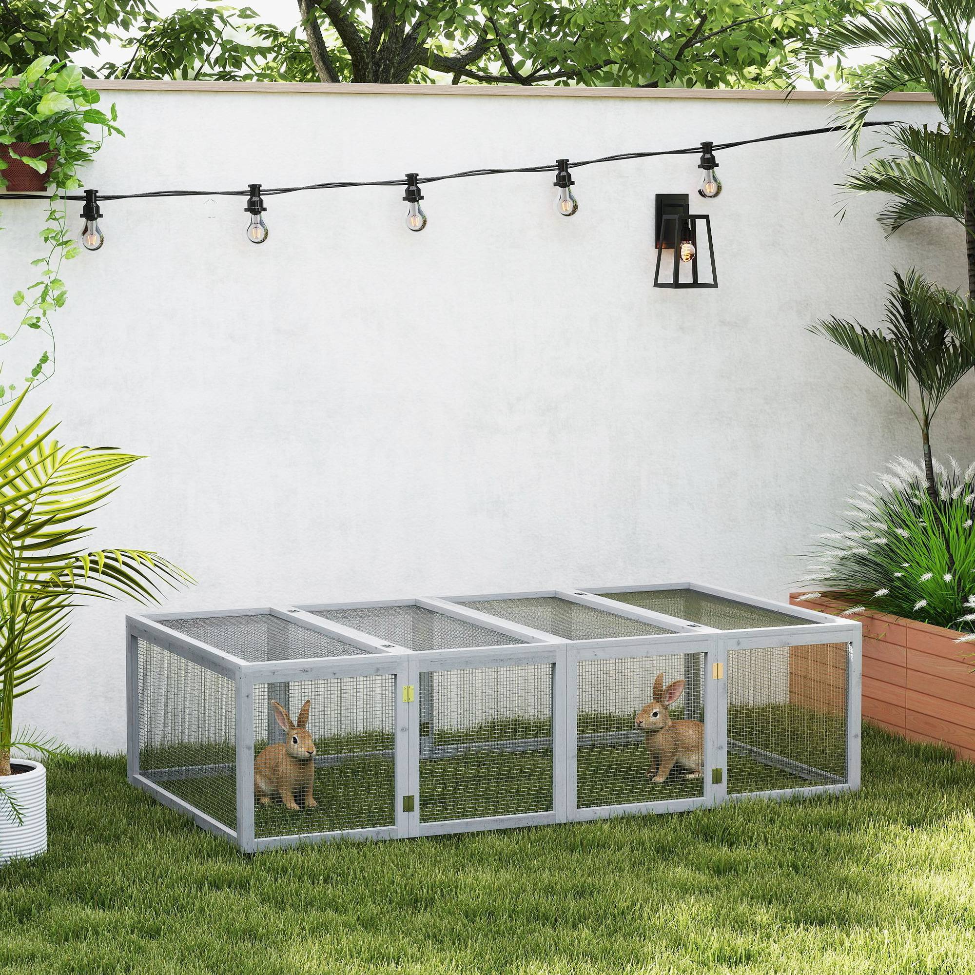 Clapier extérieur pour petits animaux 181 x 100 x 48 cm, bois de sapin, porte, enclos, pour lapins et cochons d’Inde, gris - Image 3