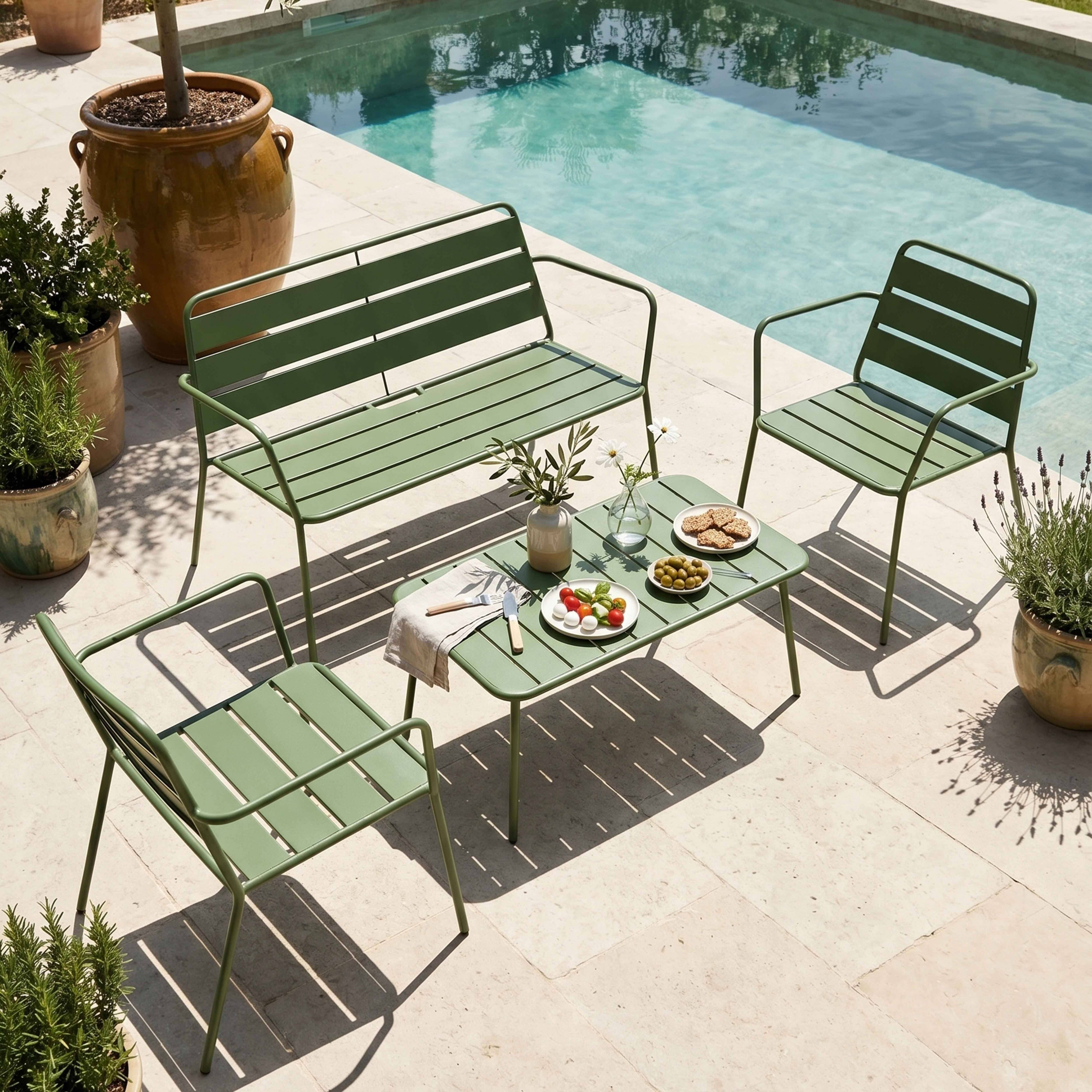 Oviala - Salon de jardin 4 places et 1 table basse en acier vert cactus Palavas - Oviala - Imagen 2
