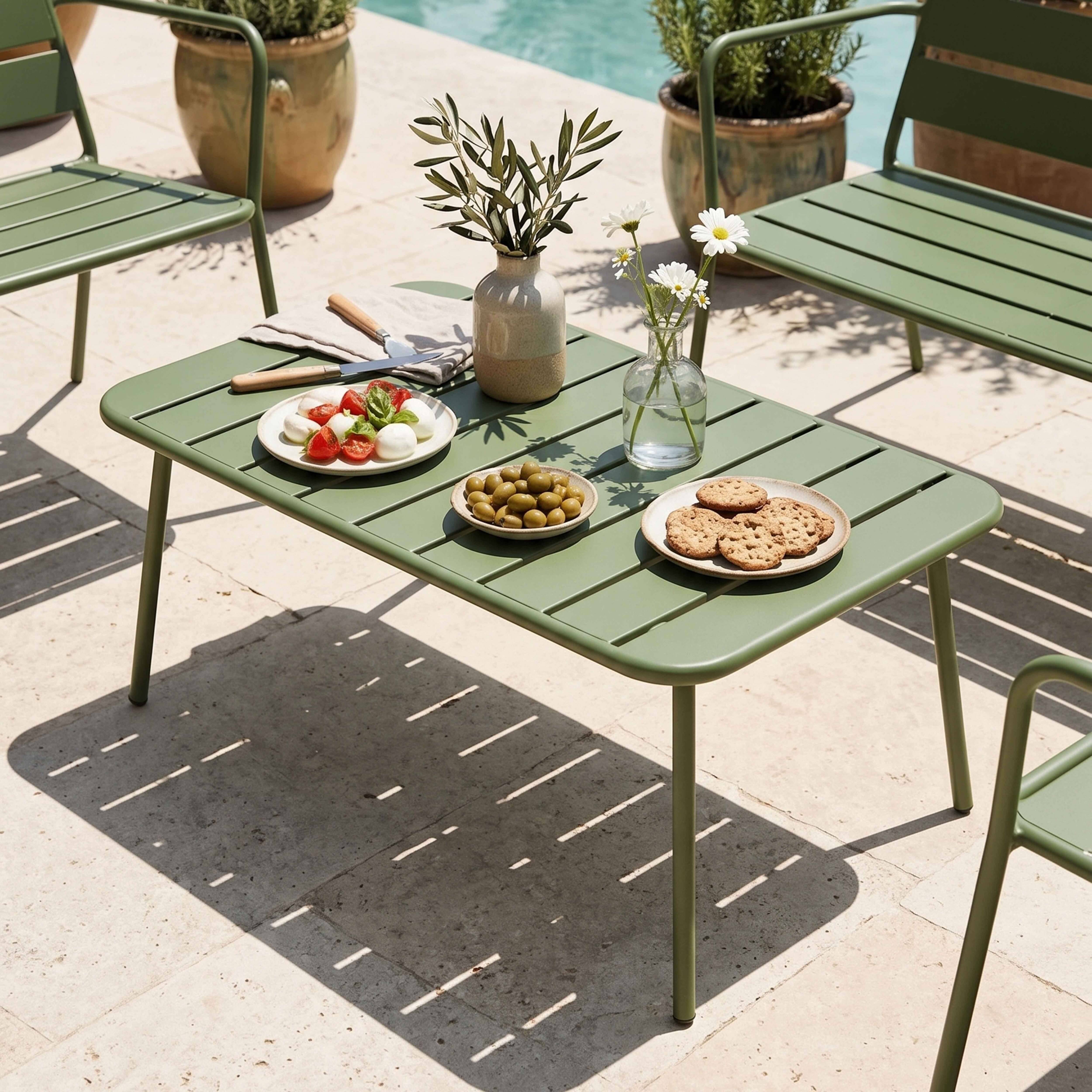Oviala - Salon de jardin 4 places et 1 table basse en acier vert cactus Palavas - Oviala - Imagen 4