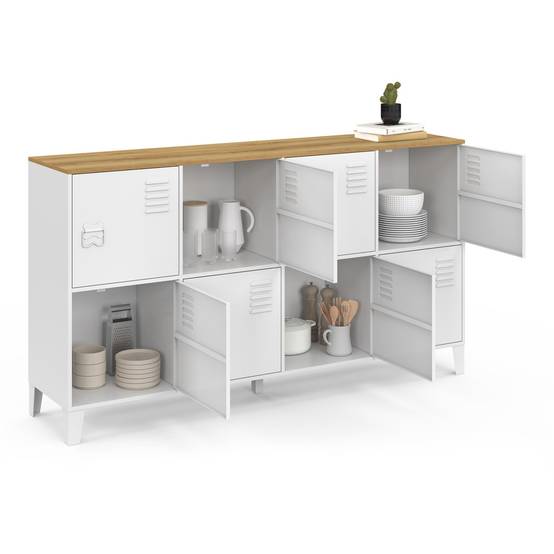 IDMARKET - Buffet casier 139 cm ESTER 8 portes en métal blanc plateau bois design industriel - Image 4