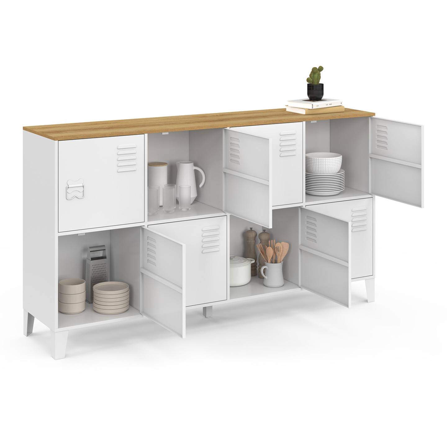 IDMARKET - Buffet casier 139 cm ESTER 8 portes en métal blanc plateau bois design industriel - Image 4
