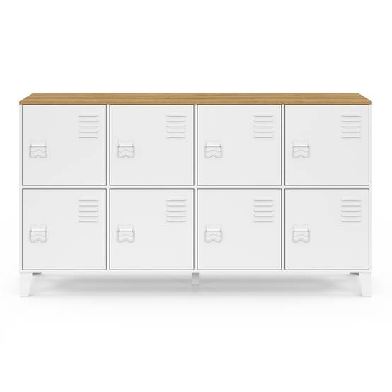 IDMARKET - Buffet casier 139 cm ESTER 8 portes en métal blanc plateau bois design industriel - Image 3